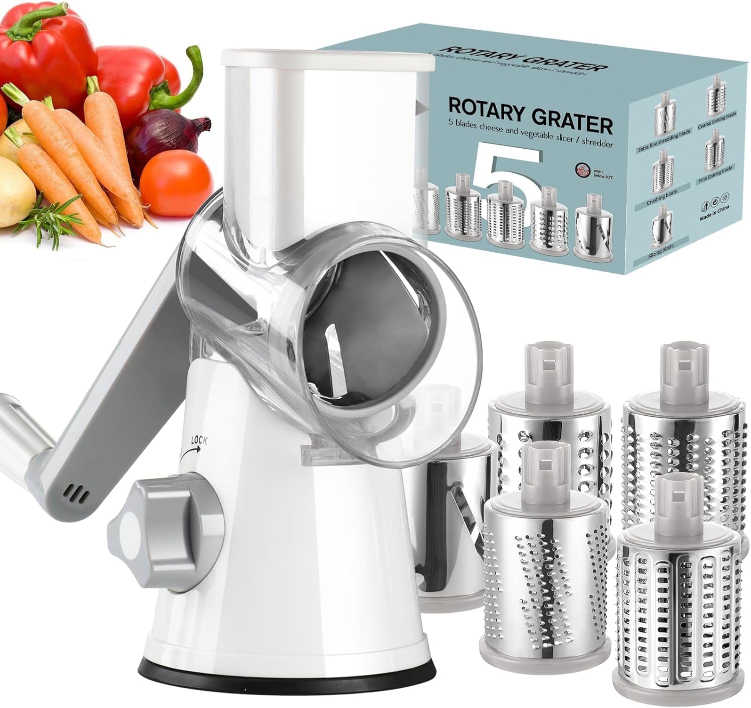 Ourokhome Rotary Cheese Grater Hand Crank, Kitchen Shredder Speed Mandolin Slicer Nut Grinder with Handle and Drum Blades for Cheese, Vegetable, Walnut, Chocolate, Potato, Carrot, 3 Blades, Blue