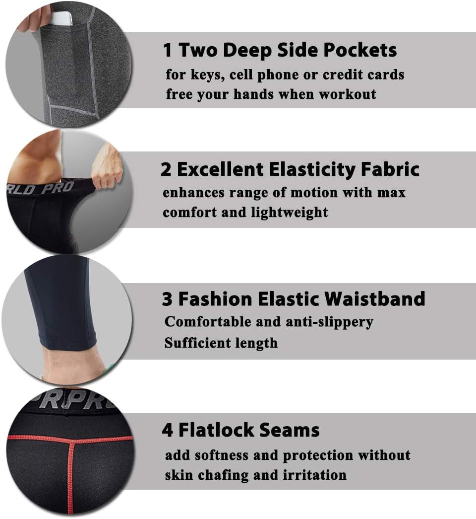 SILKWORLD Men'S 1~3 Pack Compression Pants Pockets Cool Dry Gym Leggings Baselayer Running Tights