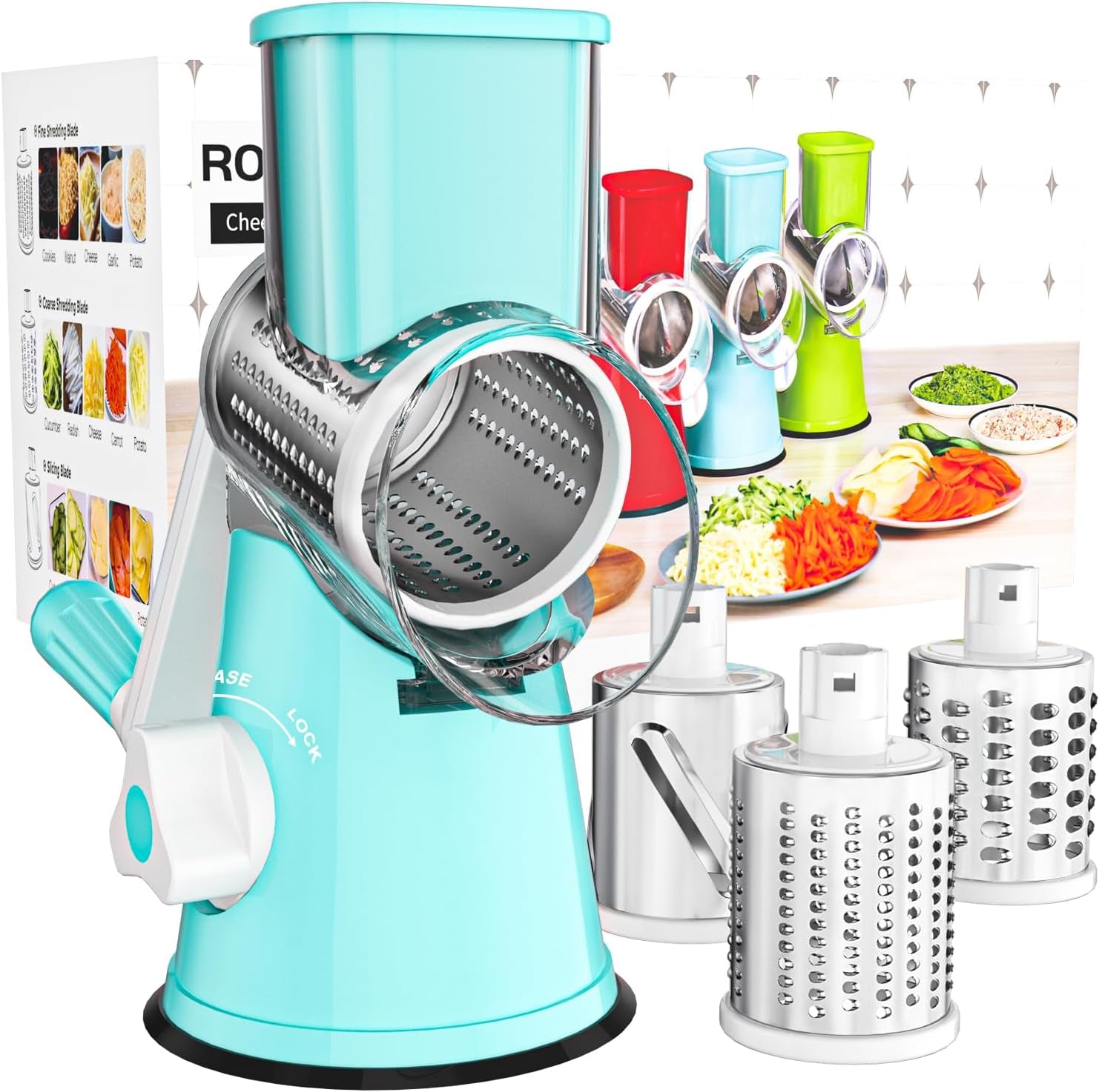 Cambom Rotary Cheese Grater Hand Crank Cheese Shredder for Fresh Cheese, Vegetable, Nuts,Non-Slip Suction Base, Three Blades, Black
