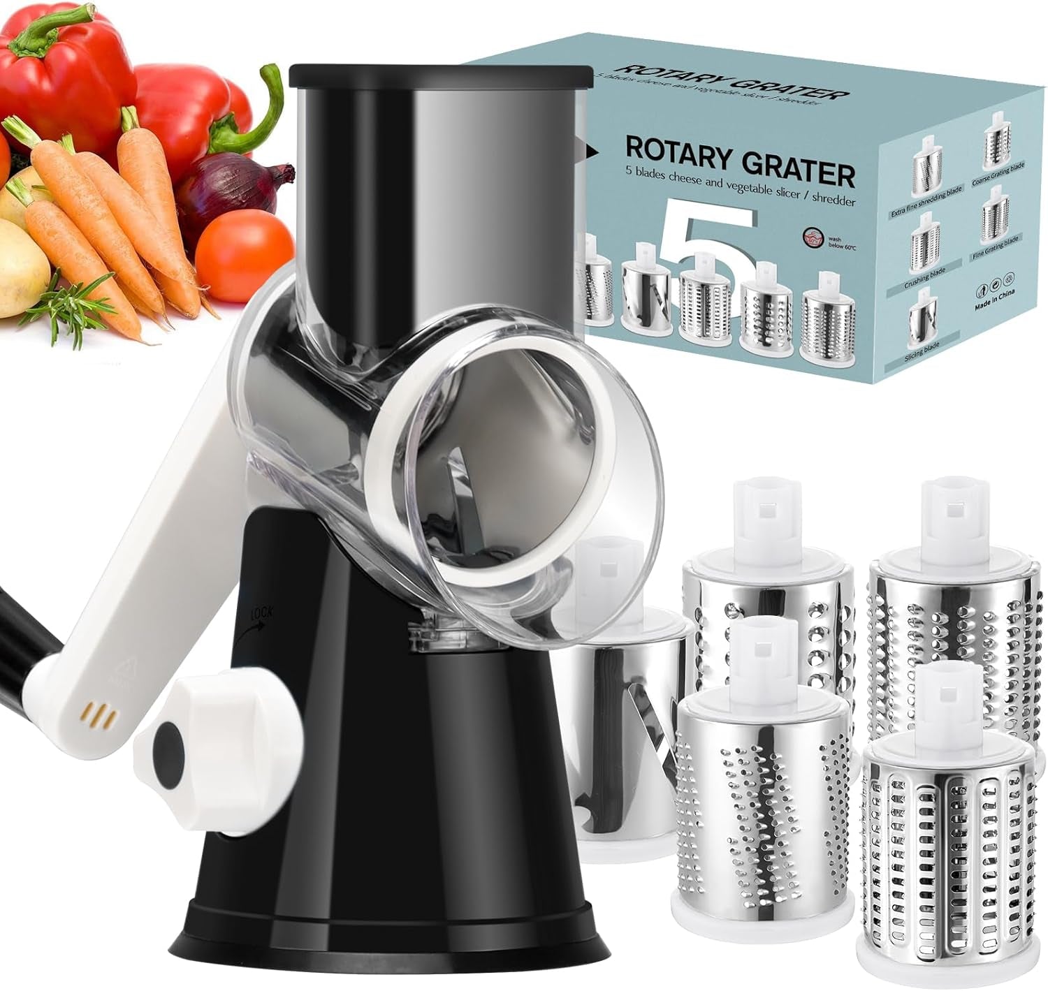 Ourokhome Rotary Cheese Grater Hand Crank, Kitchen Shredder Speed Mandolin Slicer Nut Grinder with Handle and Drum Blades for Cheese, Vegetable, Walnut, Chocolate, Potato, Carrot, 3 Blades, Blue