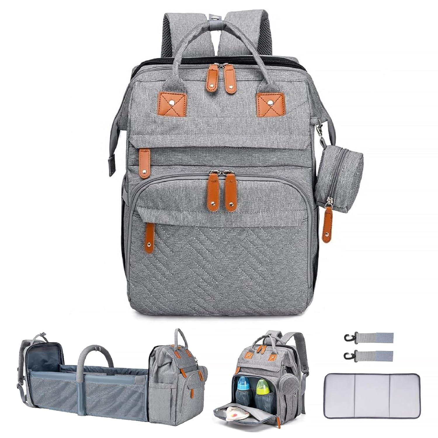 Diaper Bag with Changing Station,Diaper Bag Backpack，7 in 1 Travel Baby Diaper Bag,Mommy Bag with USB Charging Port (Pink-Grey)