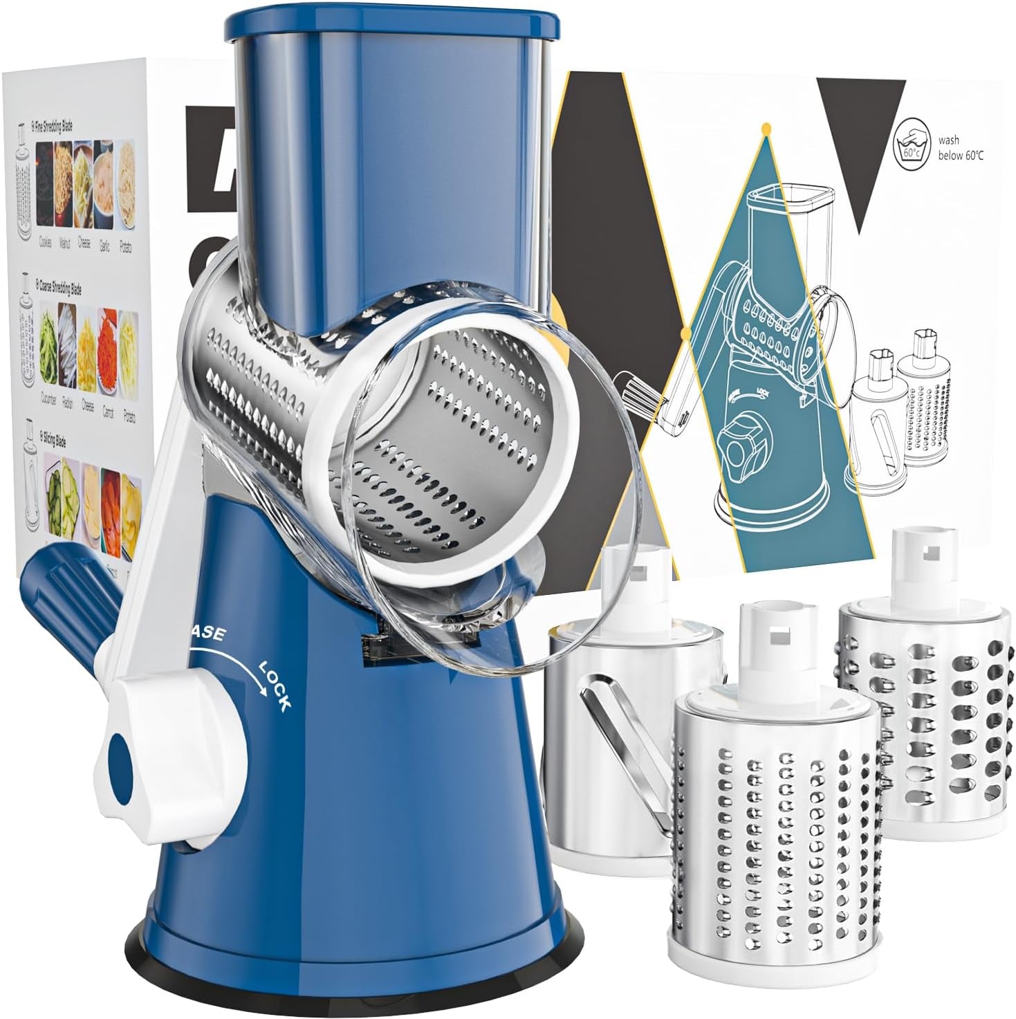 Cambom Rotary Cheese Grater Hand Crank Cheese Shredder for Fresh Cheese, Vegetable, Nuts,Non-Slip Suction Base, Three Blades, Black