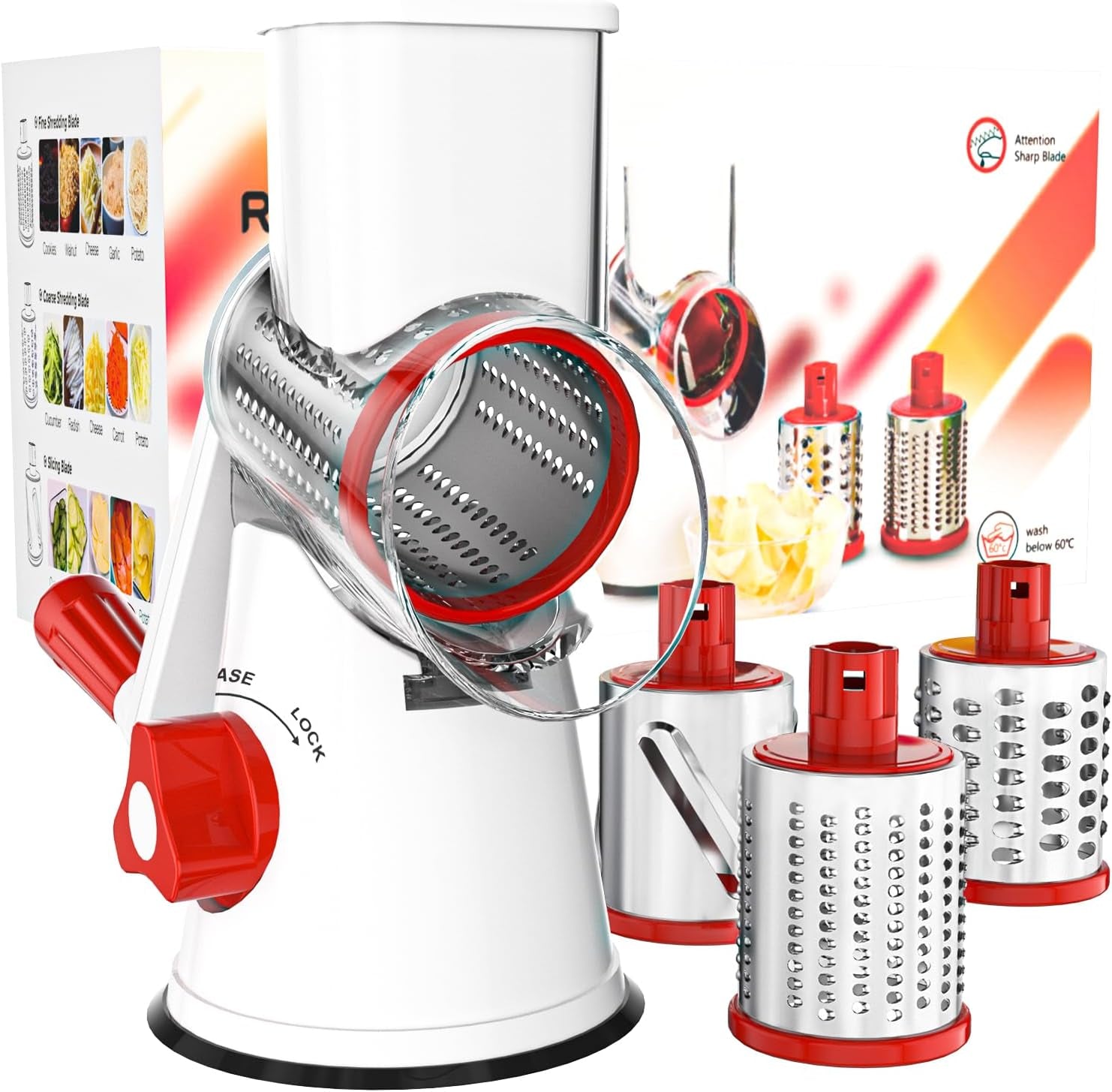 Cambom Rotary Cheese Grater Hand Crank Cheese Shredder for Fresh Cheese, Vegetable, Nuts,Non-Slip Suction Base, Three Blades, Black