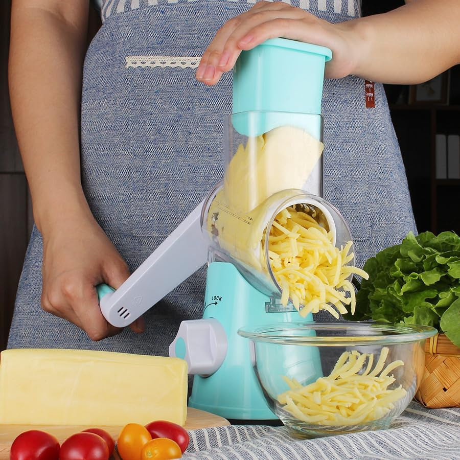 Ourokhome Rotary Cheese Grater Hand Crank, Kitchen Shredder Speed Mandolin Slicer Nut Grinder with Handle and Drum Blades for Cheese, Vegetable, Walnut, Chocolate, Potato, Carrot, 3 Blades, Blue