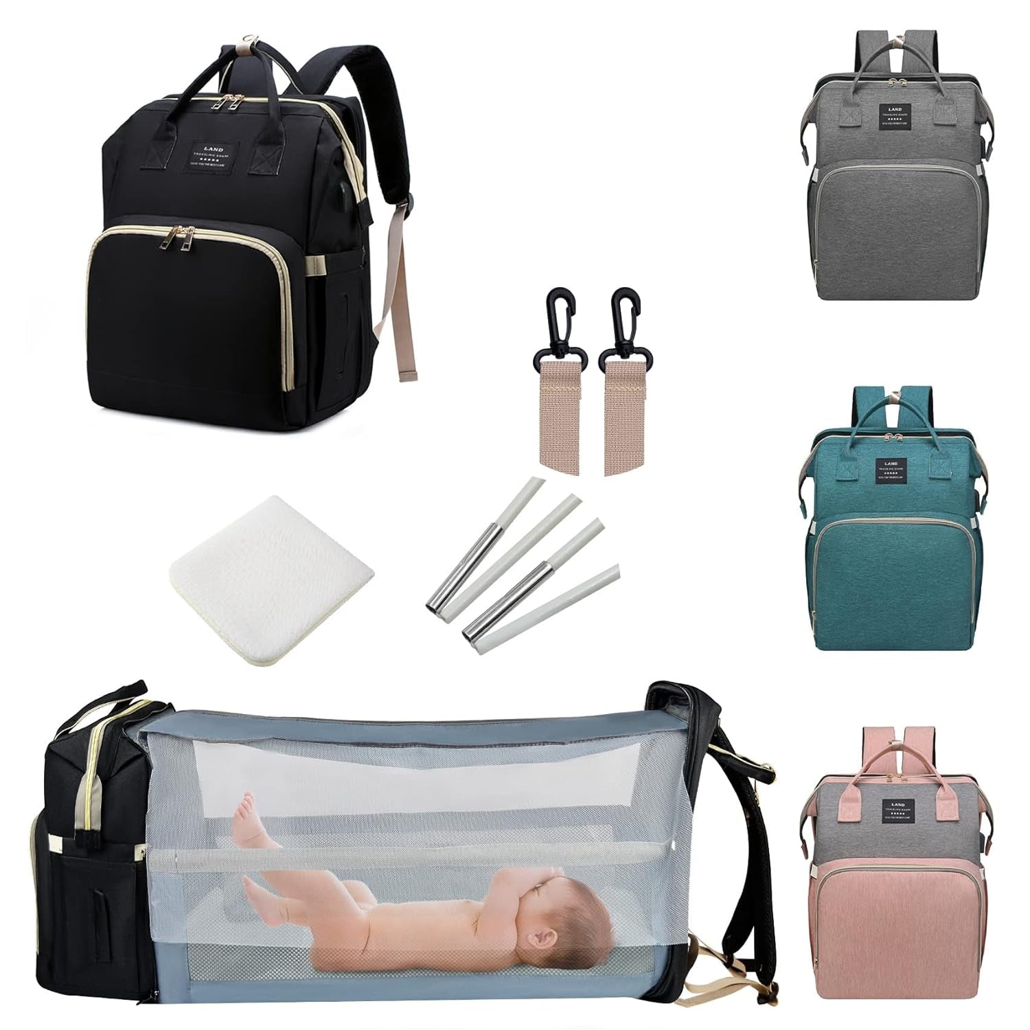 Diaper Bag with Changing Station,Diaper Bag Backpack，7 in 1 Travel Baby Diaper Bag,Mommy Bag with USB Charging Port (Pink-Grey)