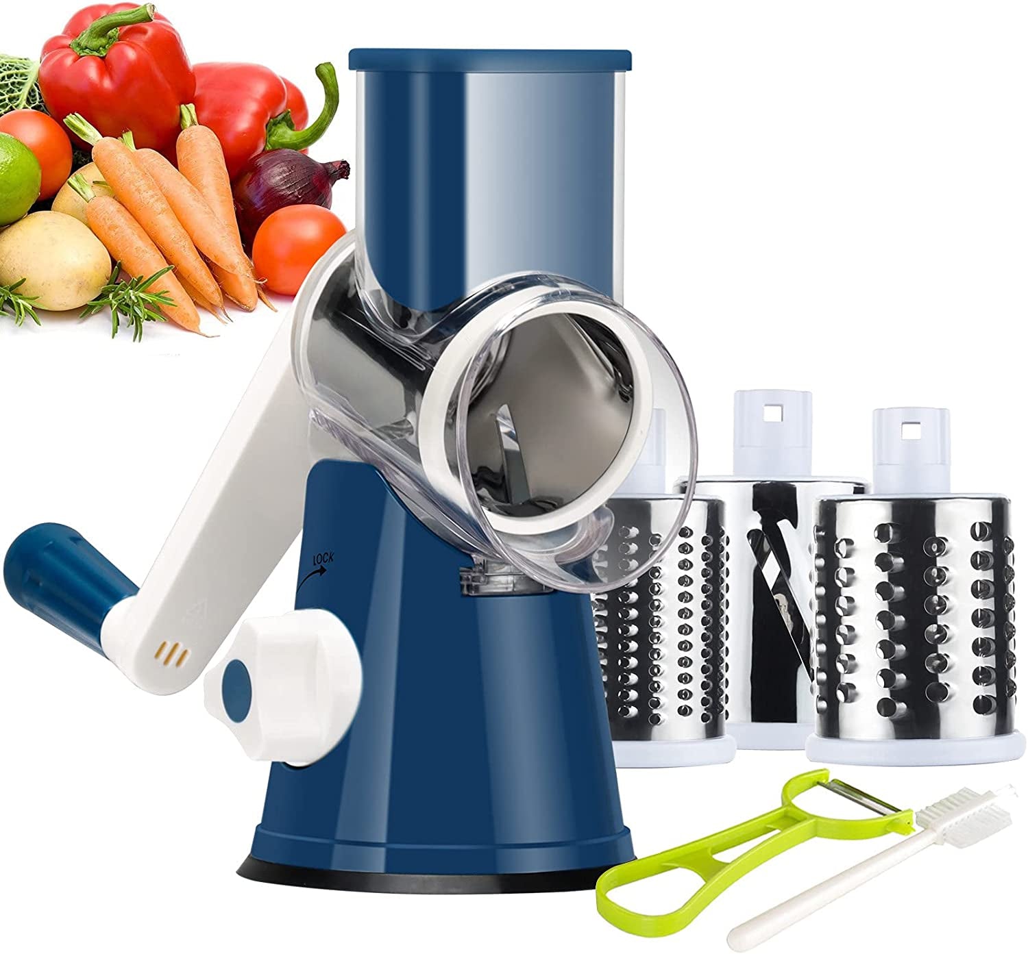 Ourokhome Rotary Cheese Grater Hand Crank, Kitchen Shredder Speed Mandolin Slicer Nut Grinder with Handle and Drum Blades for Cheese, Vegetable, Walnut, Chocolate, Potato, Carrot, 3 Blades, Blue