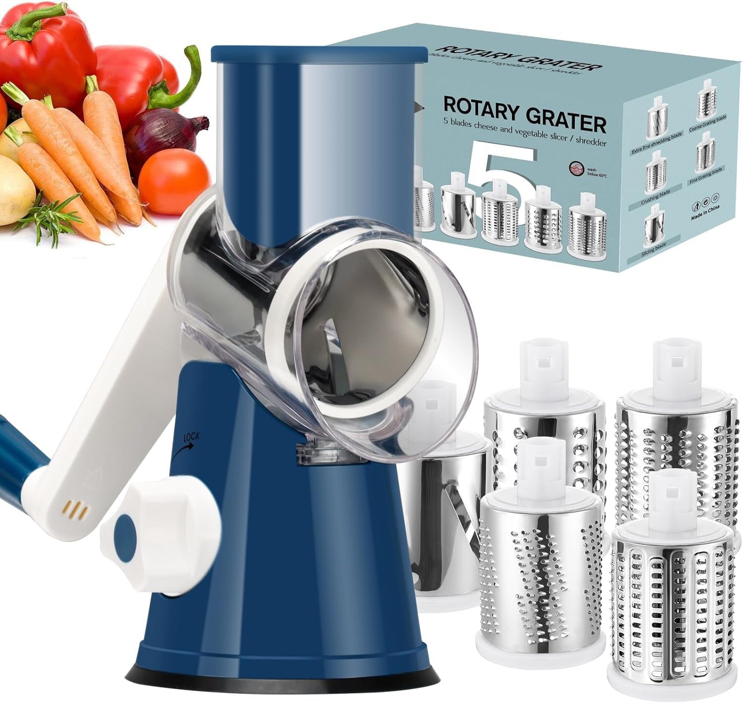 Ourokhome Rotary Cheese Grater Hand Crank, Kitchen Shredder Speed Mandolin Slicer Nut Grinder with Handle and Drum Blades for Cheese, Vegetable, Walnut, Chocolate, Potato, Carrot, 3 Blades, Blue