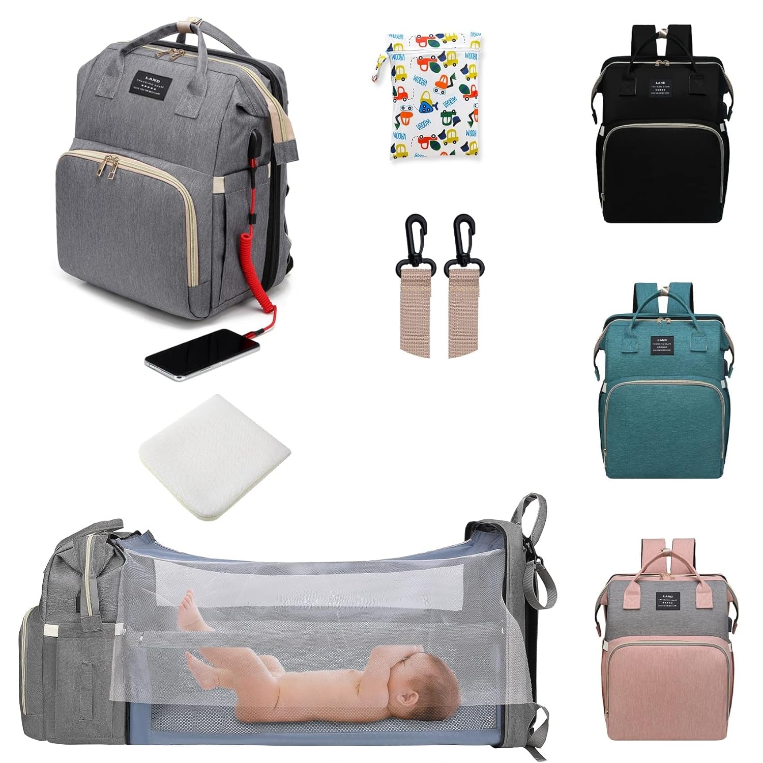 Diaper Bag with Changing Station,Diaper Bag Backpack，7 in 1 Travel Baby Diaper Bag,Mommy Bag with USB Charging Port (Pink-Grey)