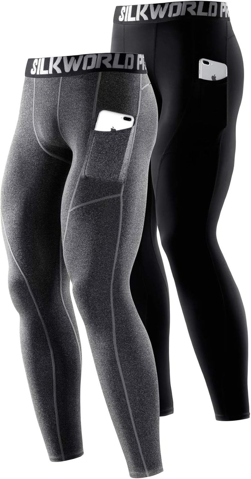 SILKWORLD Men'S 1~3 Pack Compression Pants Pockets Cool Dry Gym Leggings Baselayer Running Tights
