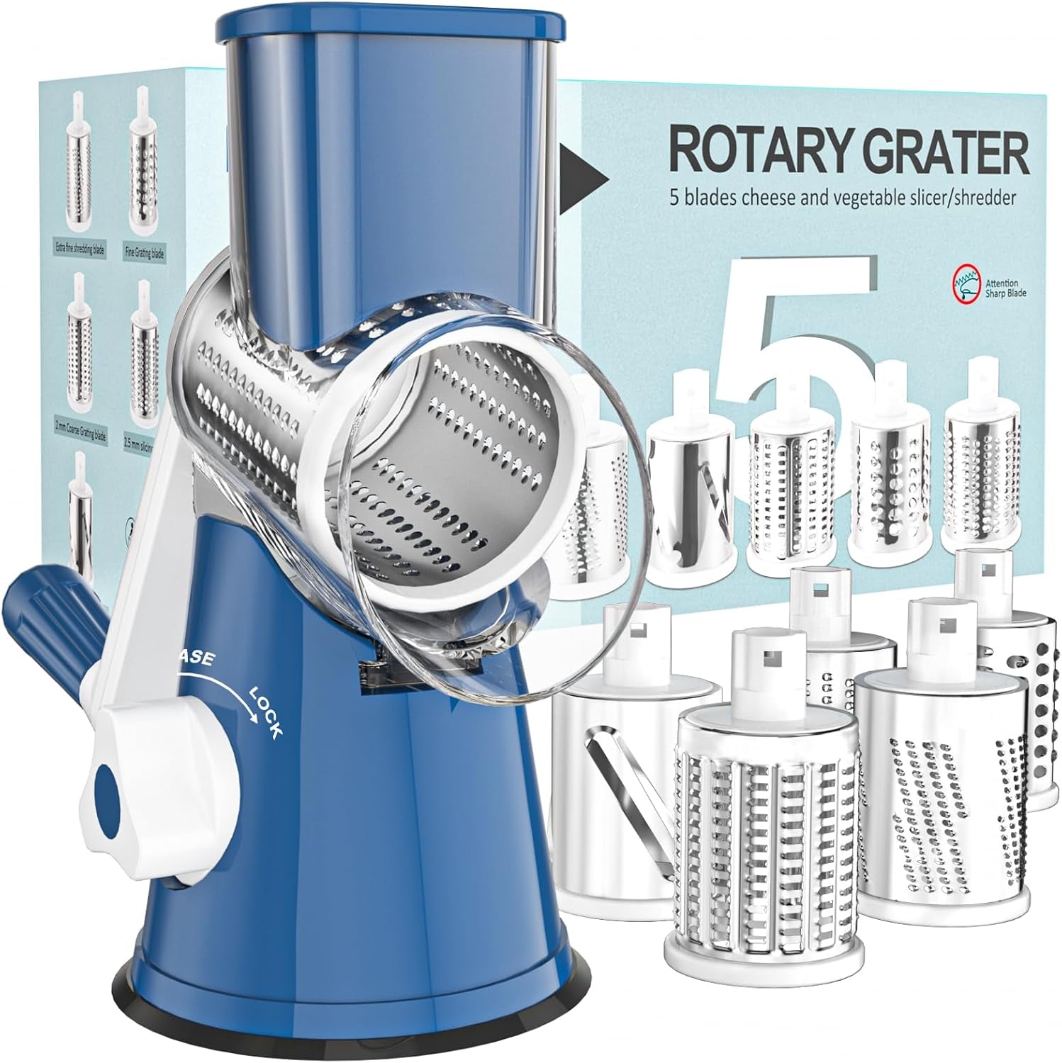 Cambom Rotary Cheese Grater Hand Crank Cheese Shredder for Fresh Cheese, Vegetable, Nuts,Non-Slip Suction Base, Three Blades, Black