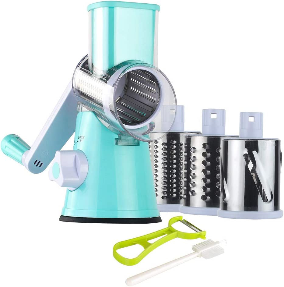 Ourokhome Rotary Cheese Grater Hand Crank, Kitchen Shredder Speed Mandolin Slicer Nut Grinder with Handle and Drum Blades for Cheese, Vegetable, Walnut, Chocolate, Potato, Carrot, 3 Blades, Blue