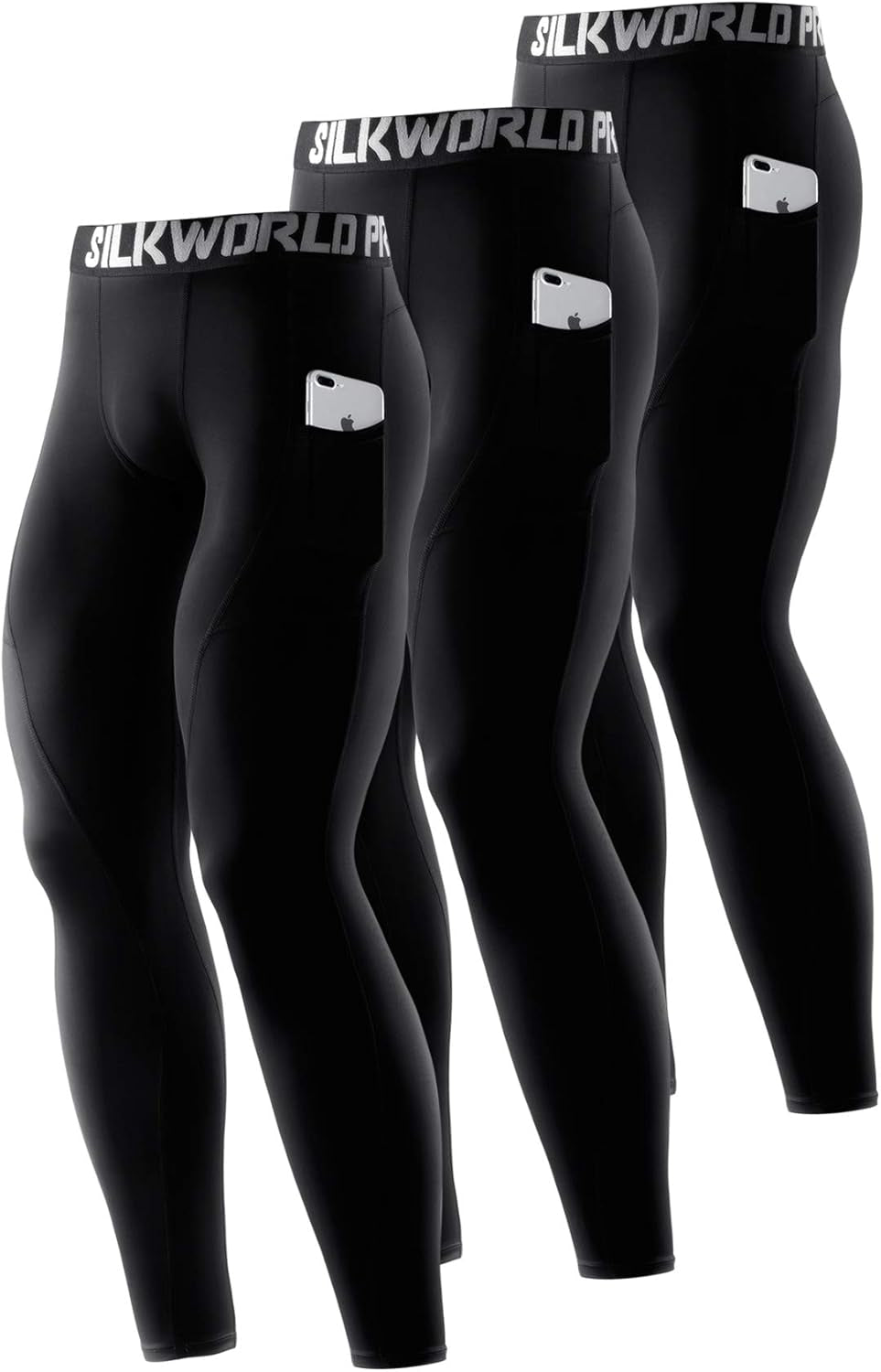 SILKWORLD Men'S 1~3 Pack Compression Pants Pockets Cool Dry Gym Leggings Baselayer Running Tights