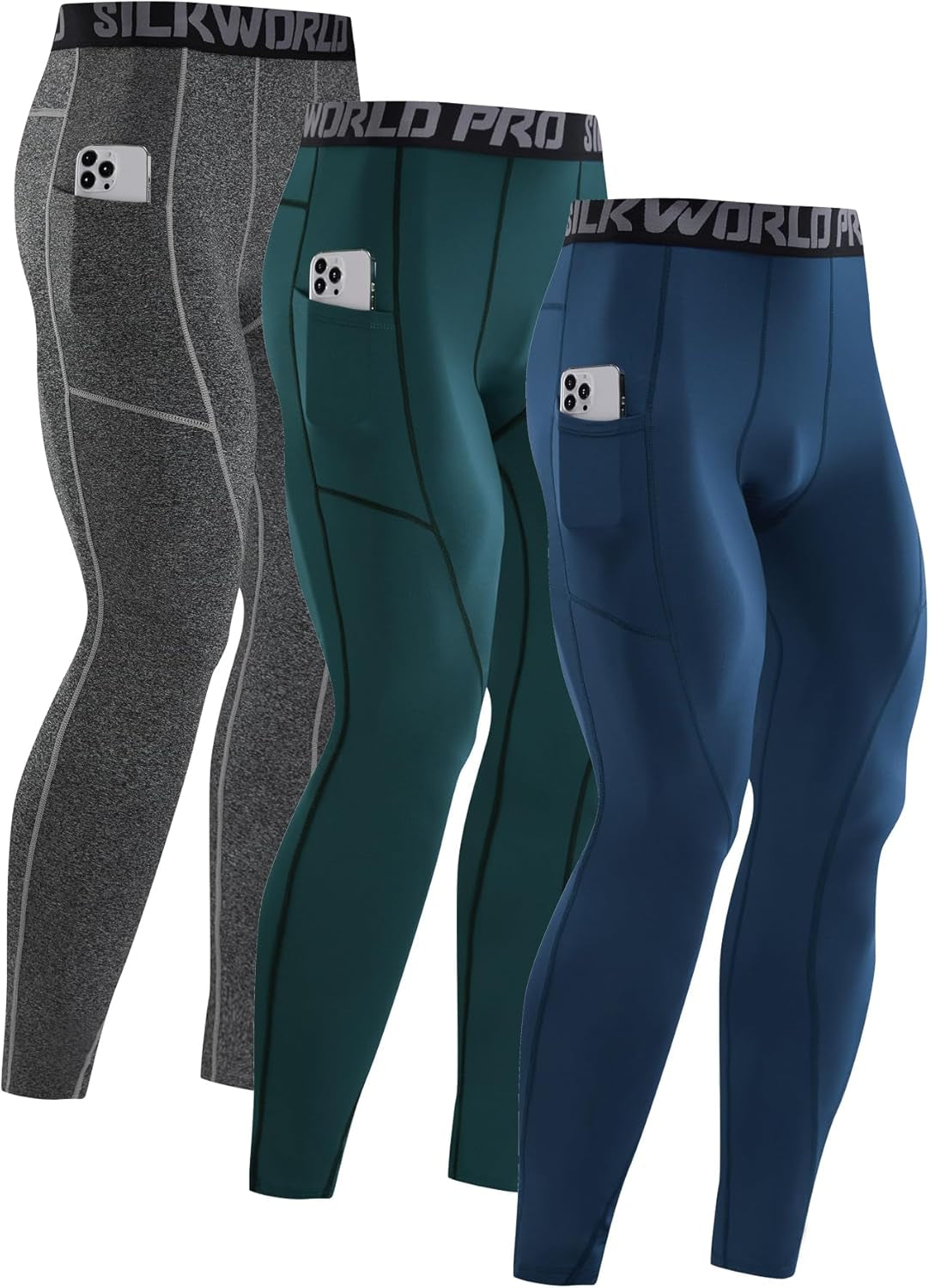 SILKWORLD Men'S 1~3 Pack Compression Pants Pockets Cool Dry Gym Leggings Baselayer Running Tights
