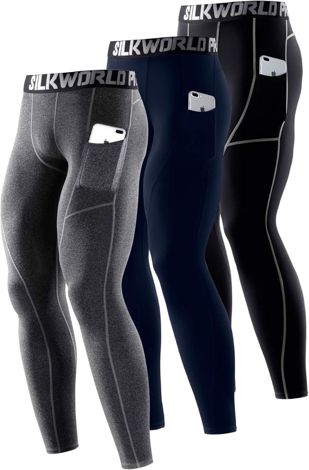 SILKWORLD Men'S 1~3 Pack Compression Pants Pockets Cool Dry Gym Leggings Baselayer Running Tights