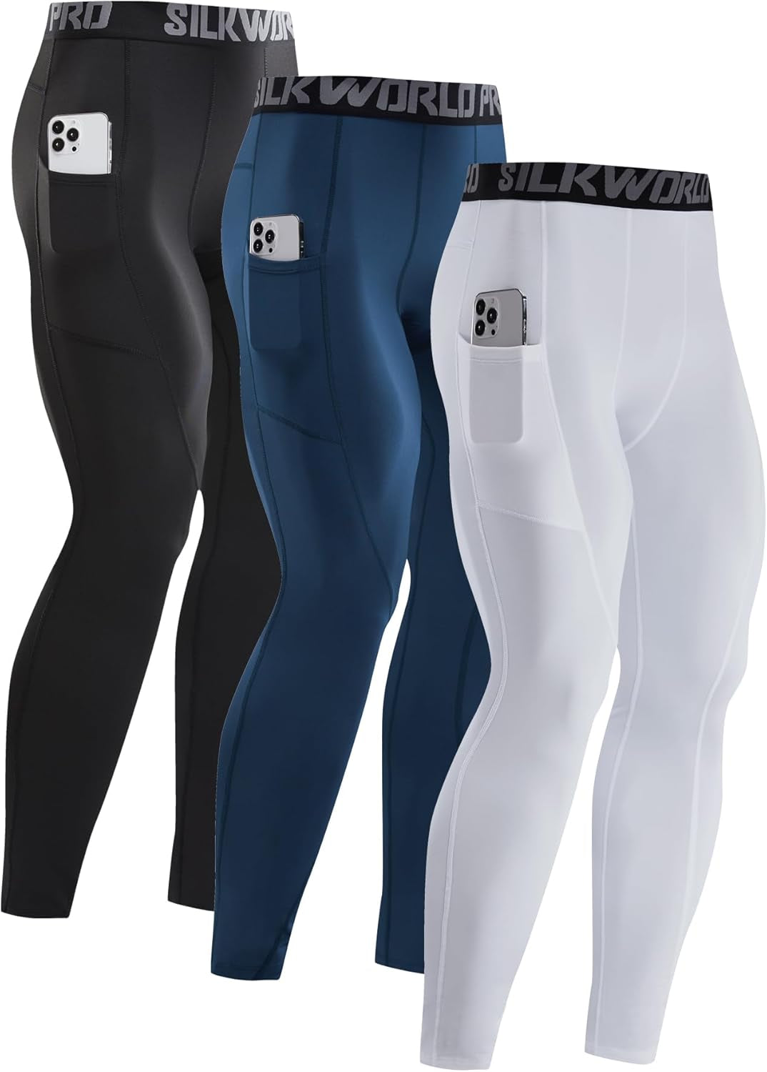 SILKWORLD Men'S 1~3 Pack Compression Pants Pockets Cool Dry Gym Leggings Baselayer Running Tights