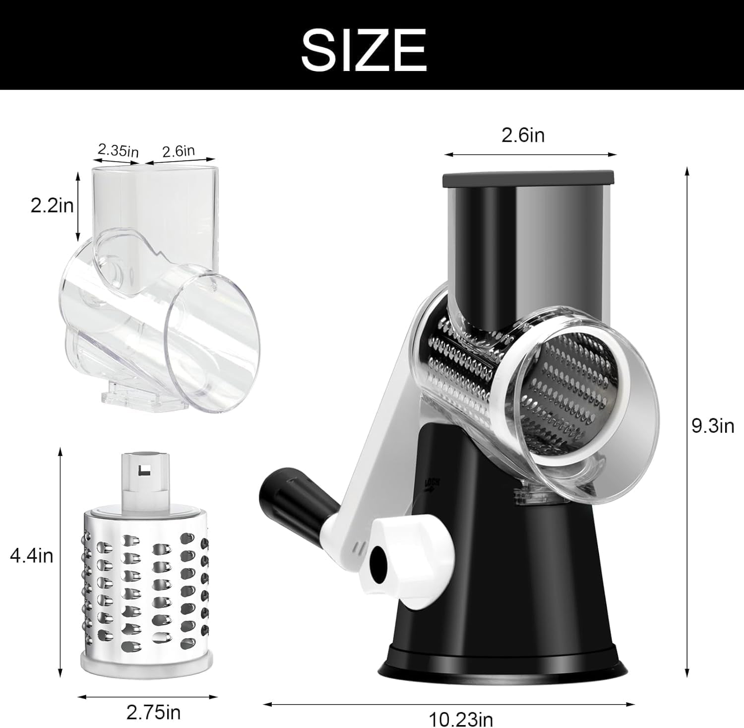 Cambom Rotary Cheese Grater Hand Crank Cheese Shredder for Fresh Cheese, Vegetable, Nuts,Non-Slip Suction Base, Three Blades, Black