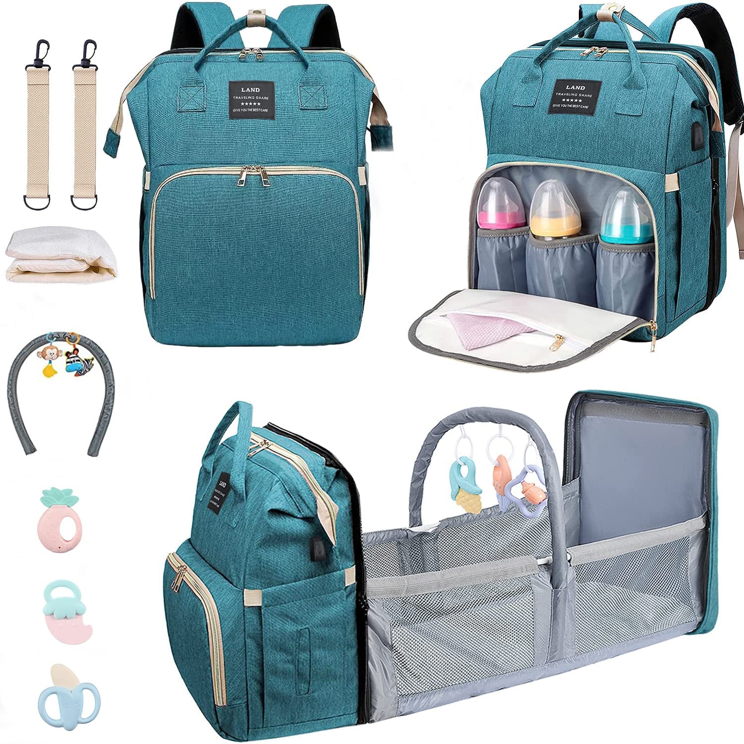 Diaper Bag with Changing Station,Diaper Bag Backpack，7 in 1 Travel Baby Diaper Bag,Mommy Bag with USB Charging Port (Pink-Grey)
