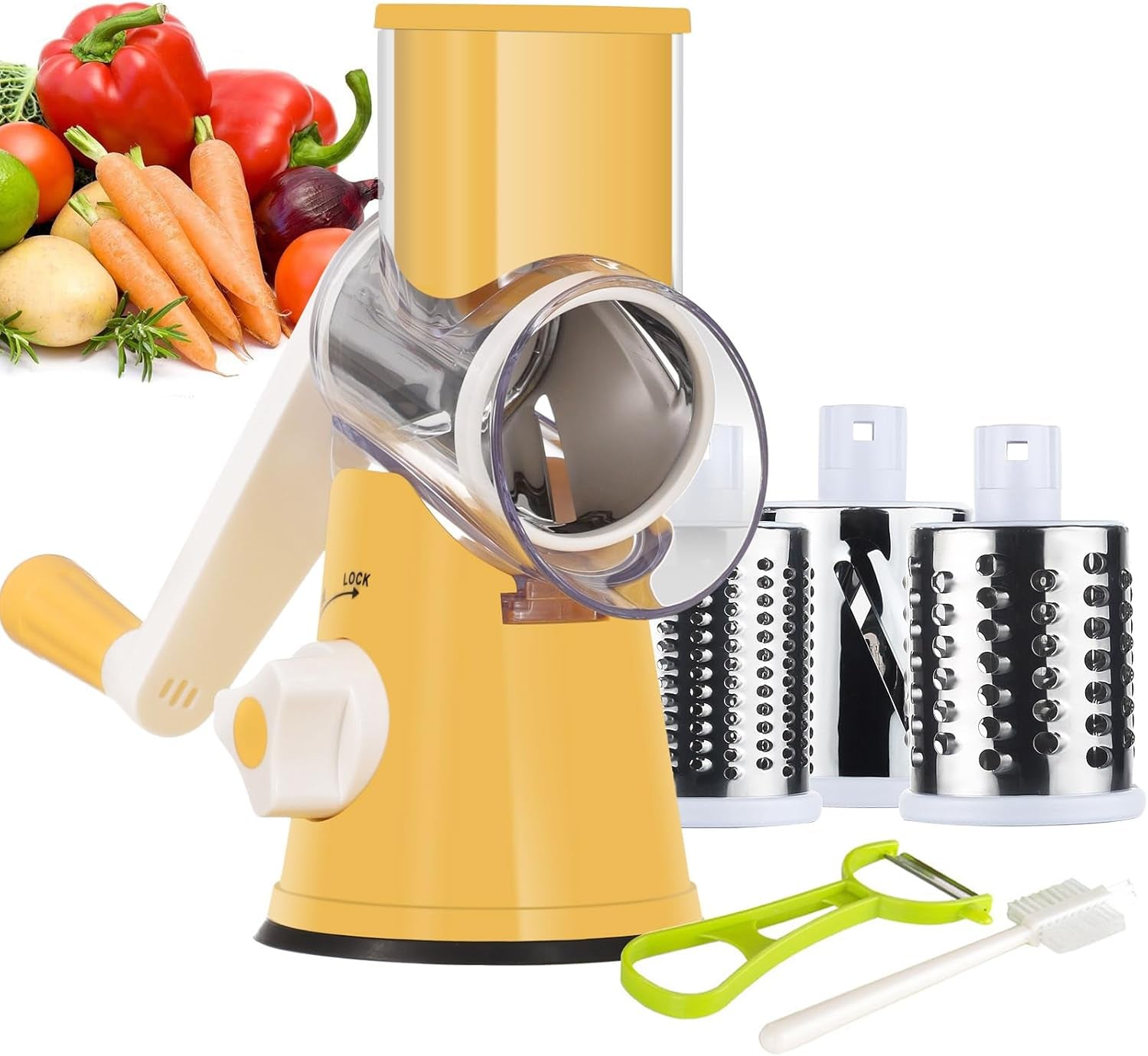 Ourokhome Rotary Cheese Grater Hand Crank, Kitchen Shredder Speed Mandolin Slicer Nut Grinder with Handle and Drum Blades for Cheese, Vegetable, Walnut, Chocolate, Potato, Carrot, 3 Blades, Blue