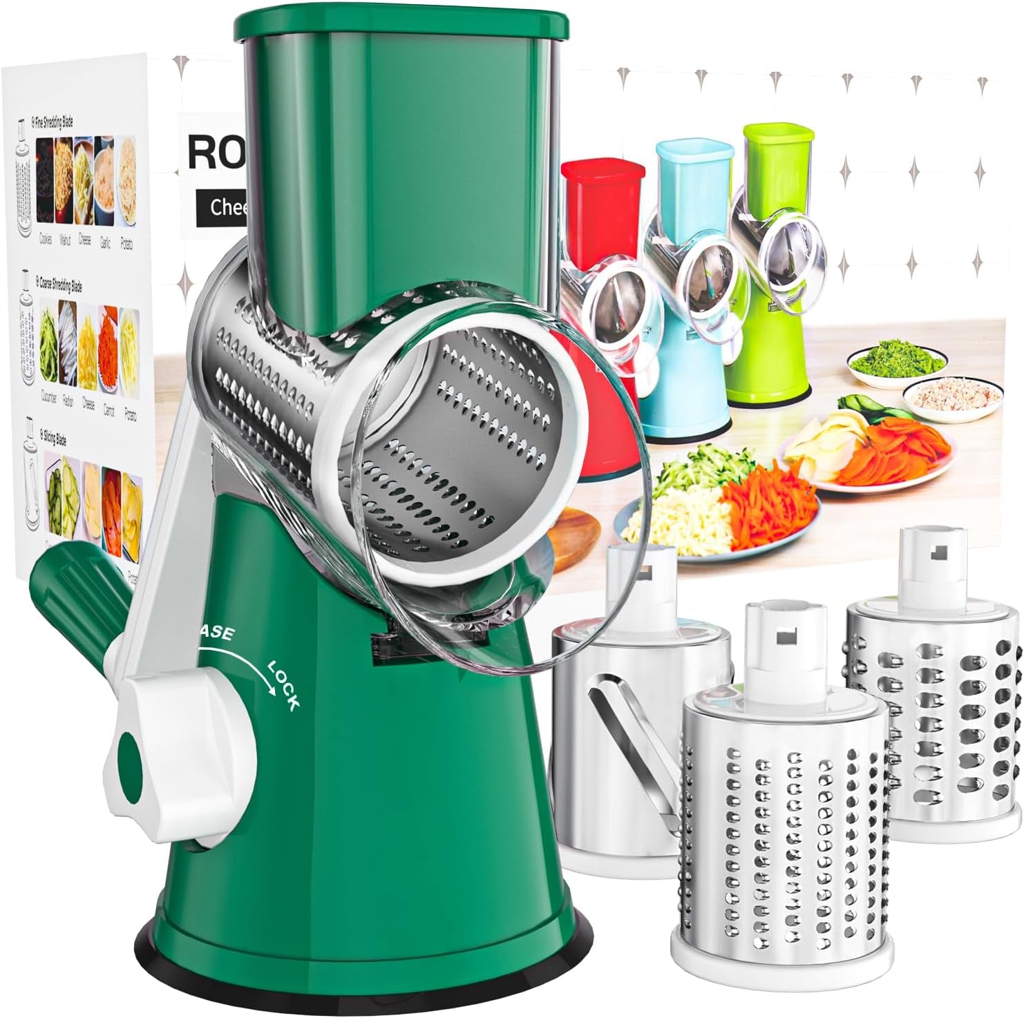Cambom Rotary Cheese Grater Hand Crank Cheese Shredder for Fresh Cheese, Vegetable, Nuts,Non-Slip Suction Base, Three Blades, Black