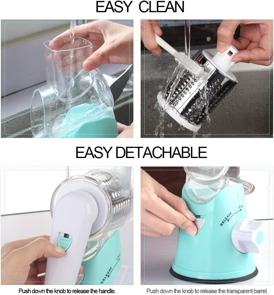 Ourokhome Rotary Cheese Grater Hand Crank, Kitchen Shredder Speed Mandolin Slicer Nut Grinder with Handle and Drum Blades for Cheese, Vegetable, Walnut, Chocolate, Potato, Carrot, 3 Blades, Blue