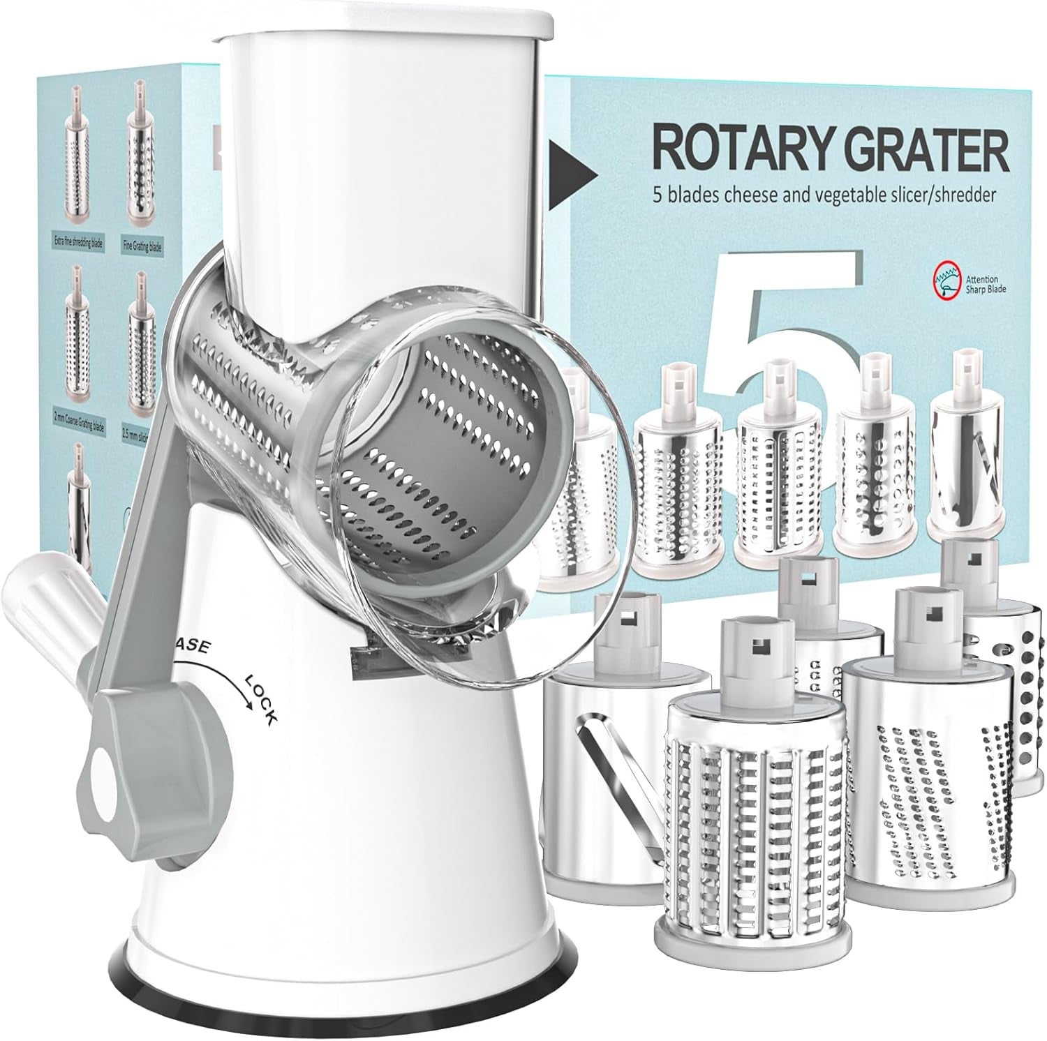 Cambom Rotary Cheese Grater Hand Crank Cheese Shredder for Fresh Cheese, Vegetable, Nuts,Non-Slip Suction Base, Three Blades, Black