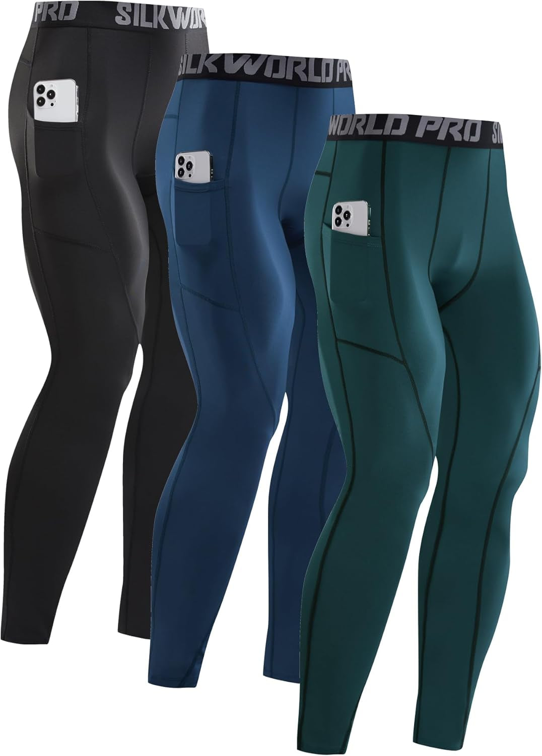 SILKWORLD Men'S 1~3 Pack Compression Pants Pockets Cool Dry Gym Leggings Baselayer Running Tights