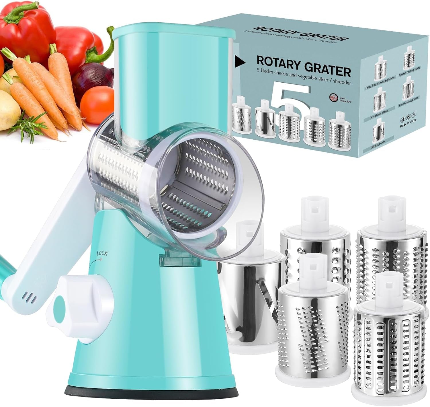 Ourokhome Rotary Cheese Grater Hand Crank, Kitchen Shredder Speed Mandolin Slicer Nut Grinder with Handle and Drum Blades for Cheese, Vegetable, Walnut, Chocolate, Potato, Carrot, 3 Blades, Blue