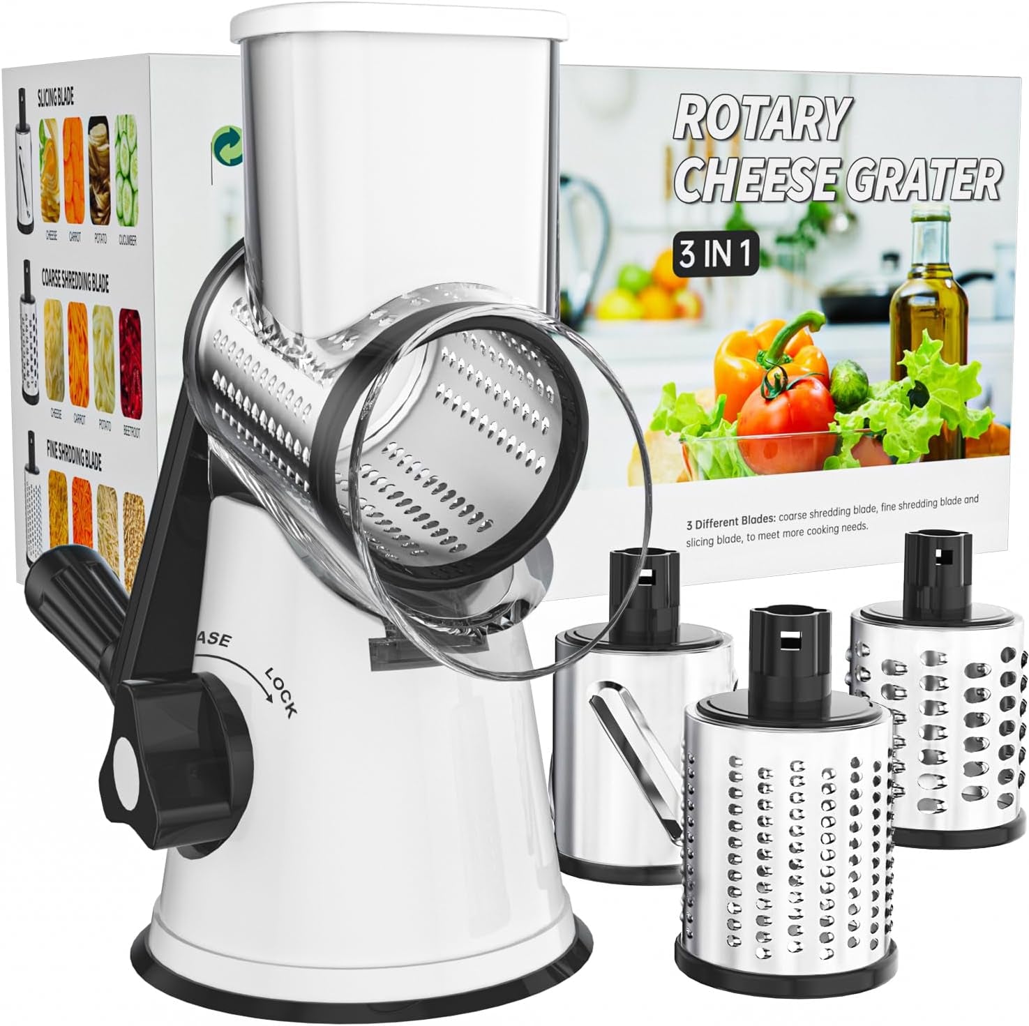 Cambom Rotary Cheese Grater Hand Crank Cheese Shredder for Fresh Cheese, Vegetable, Nuts,Non-Slip Suction Base, Three Blades, Black