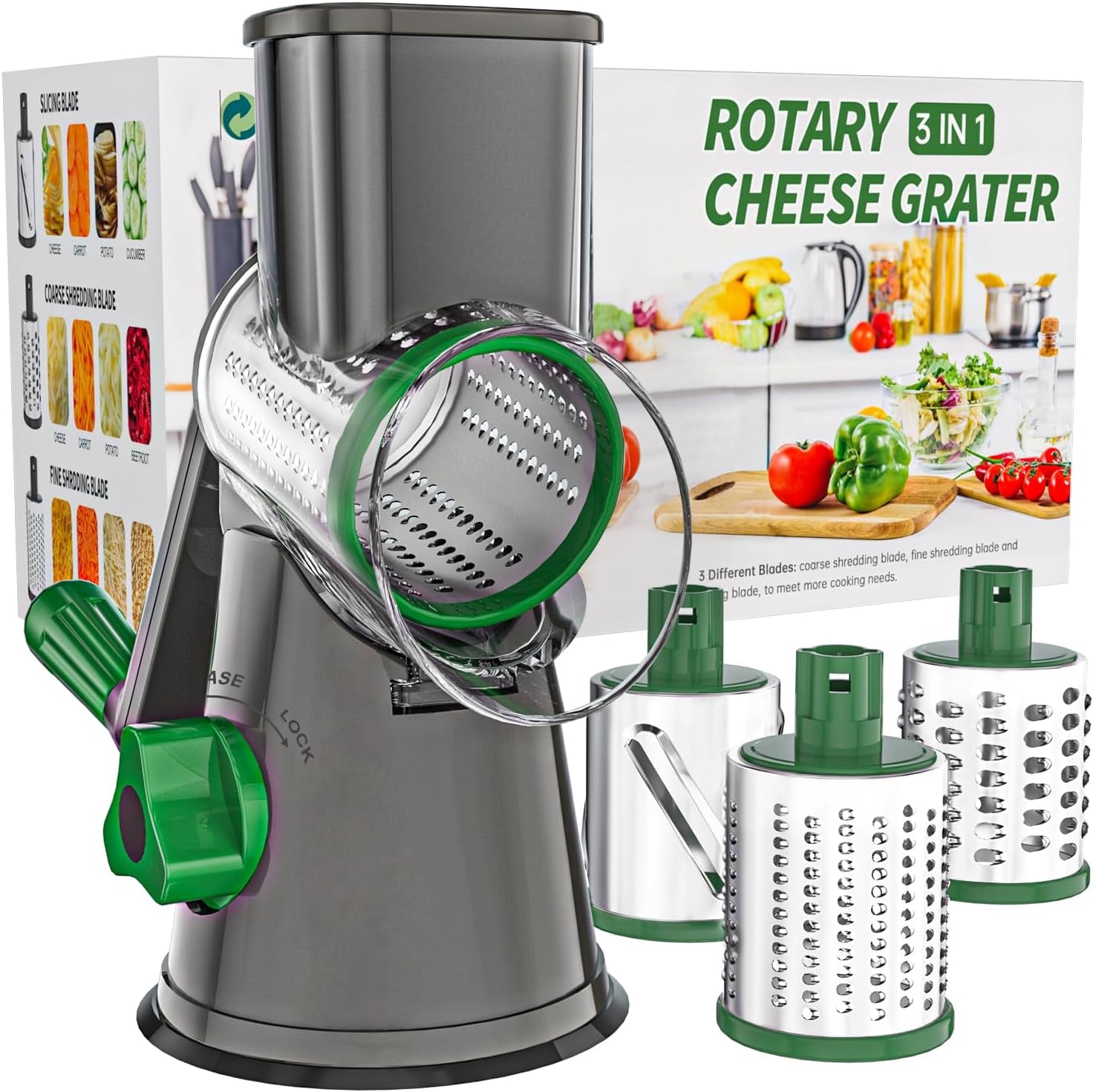 Cambom Rotary Cheese Grater Hand Crank Cheese Shredder for Fresh Cheese, Vegetable, Nuts,Non-Slip Suction Base, Three Blades, Black