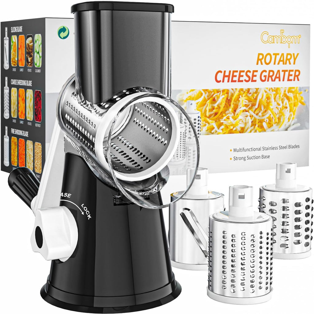 Cambom Rotary Cheese Grater Hand Crank Cheese Shredder for Fresh Cheese, Vegetable, Nuts,Non-Slip Suction Base, Three Blades, Black