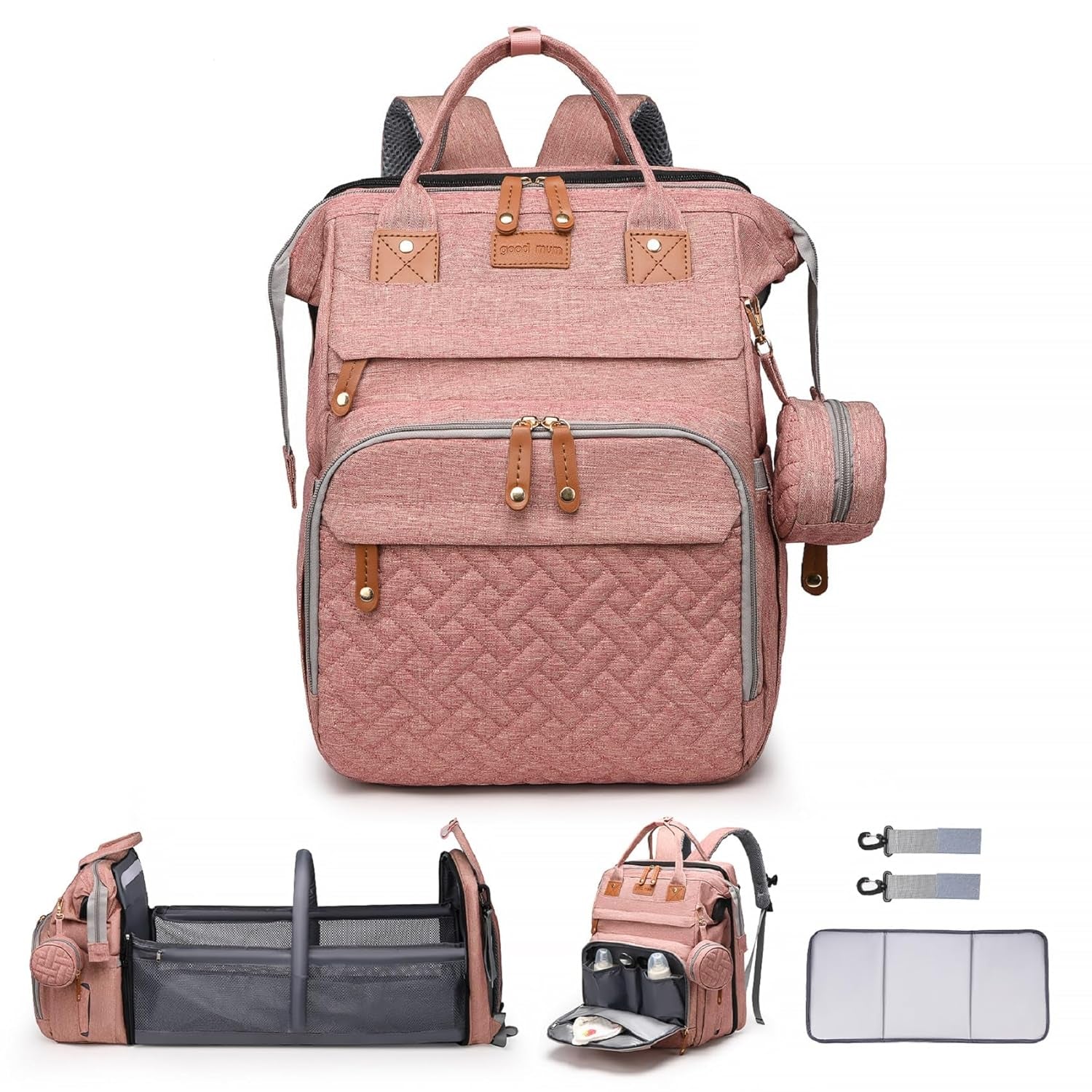 Diaper Bag with Changing Station,Diaper Bag Backpack，7 in 1 Travel Baby Diaper Bag,Mommy Bag with USB Charging Port (Pink-Grey)