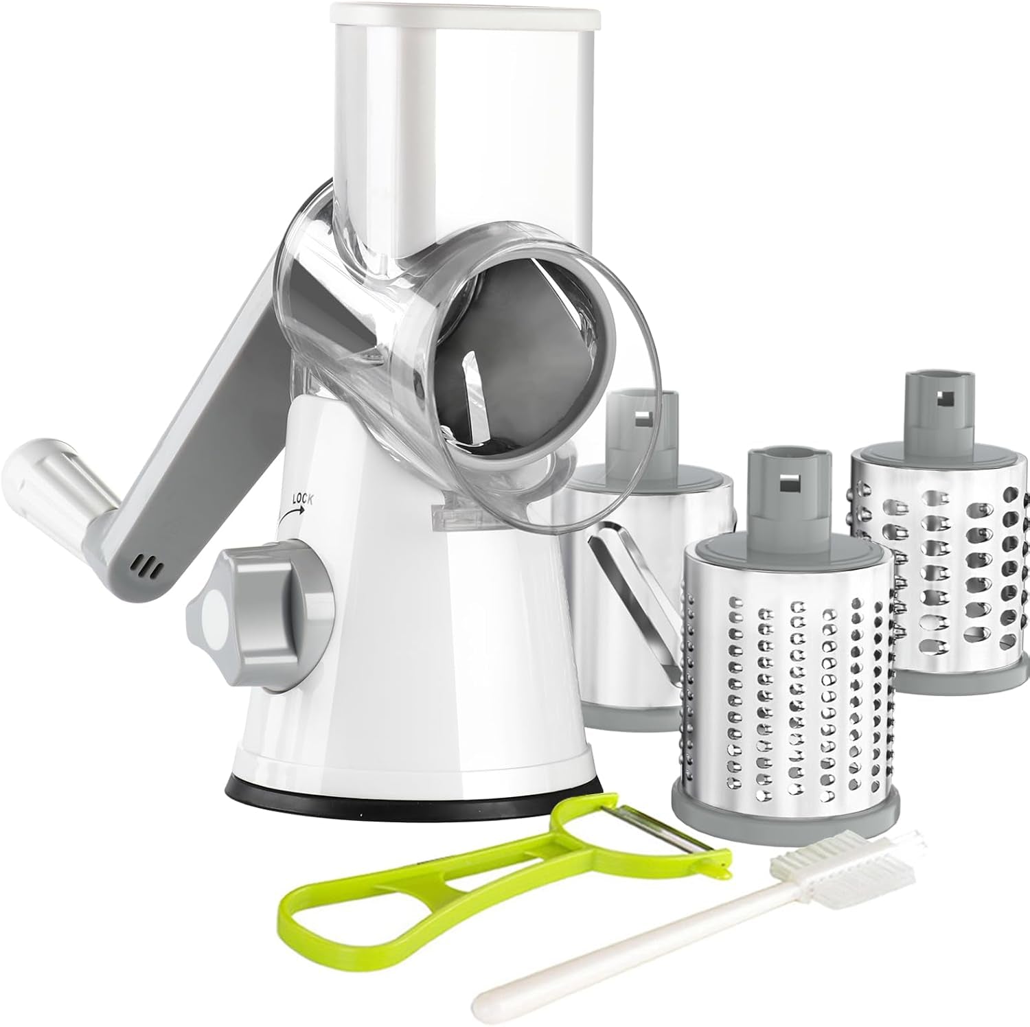 Ourokhome Rotary Cheese Grater Hand Crank, Kitchen Shredder Speed Mandolin Slicer Nut Grinder with Handle and Drum Blades for Cheese, Vegetable, Walnut, Chocolate, Potato, Carrot, 3 Blades, Blue