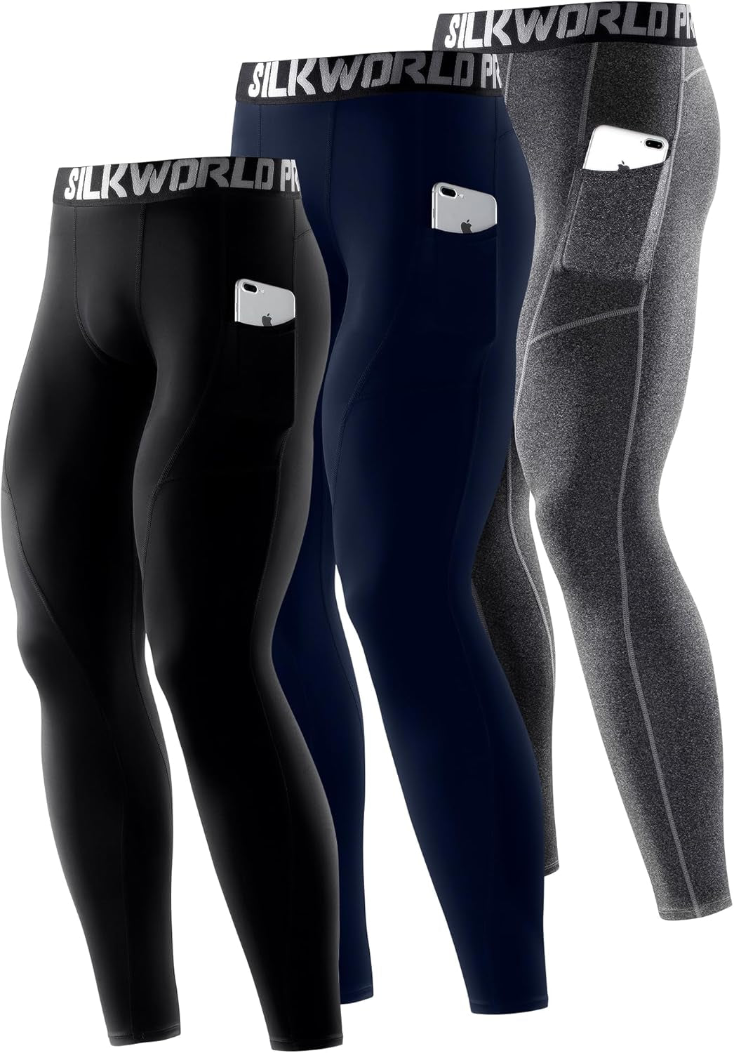 SILKWORLD Men'S 1~3 Pack Compression Pants Pockets Cool Dry Gym Leggings Baselayer Running Tights