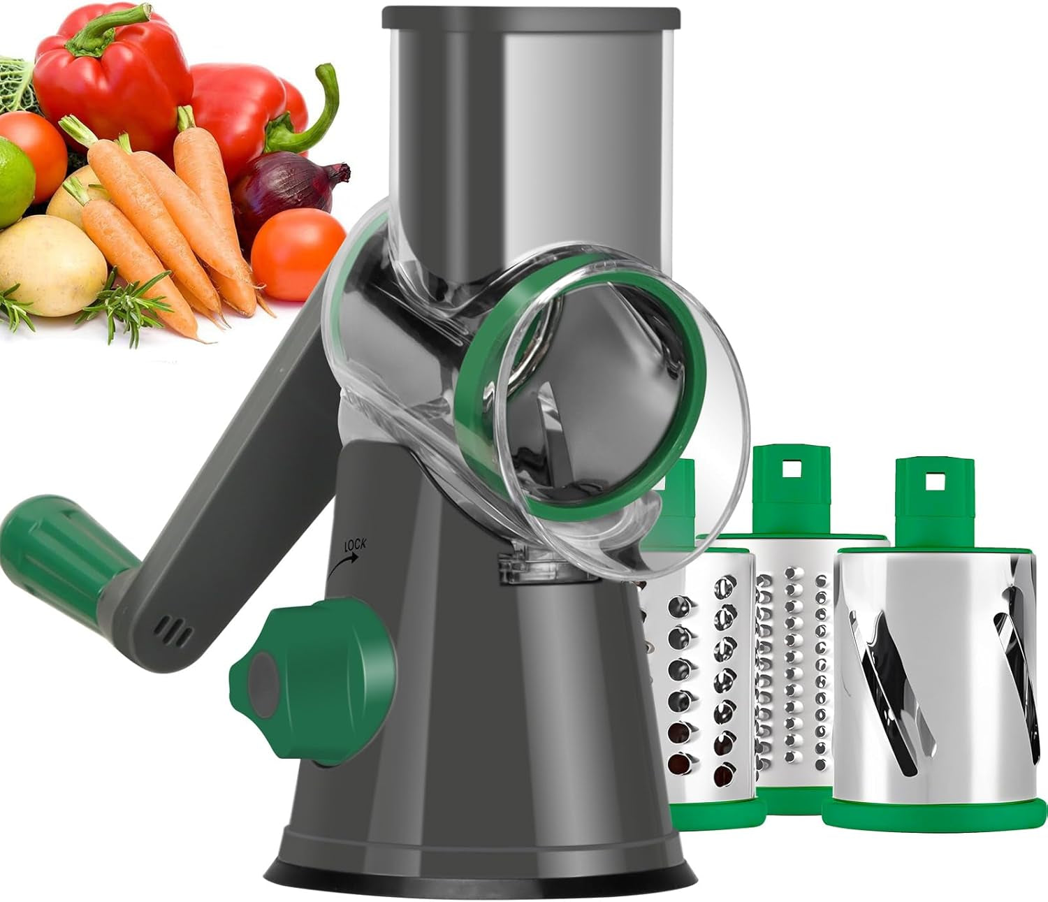 Ourokhome Rotary Cheese Grater Hand Crank, Kitchen Shredder Speed Mandolin Slicer Nut Grinder with Handle and Drum Blades for Cheese, Vegetable, Walnut, Chocolate, Potato, Carrot, 3 Blades, Blue