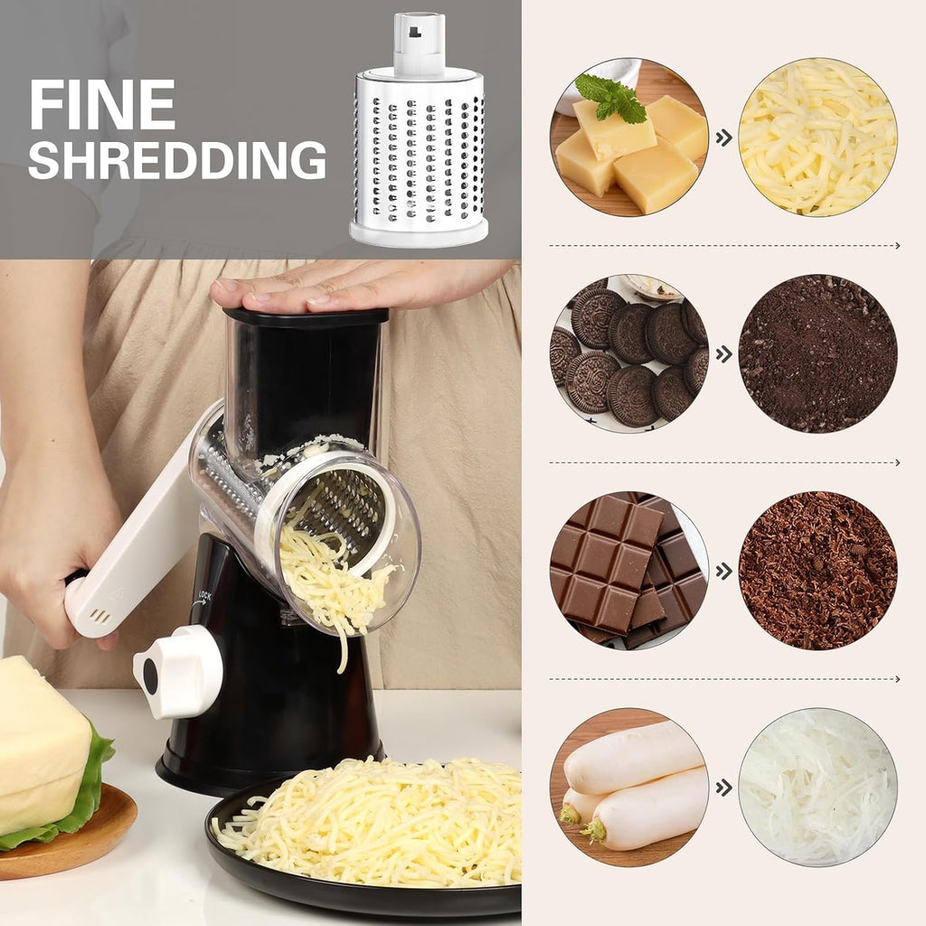 Cambom Rotary Cheese Grater Hand Crank Cheese Shredder for Fresh Cheese, Vegetable, Nuts,Non-Slip Suction Base, Three Blades, Black