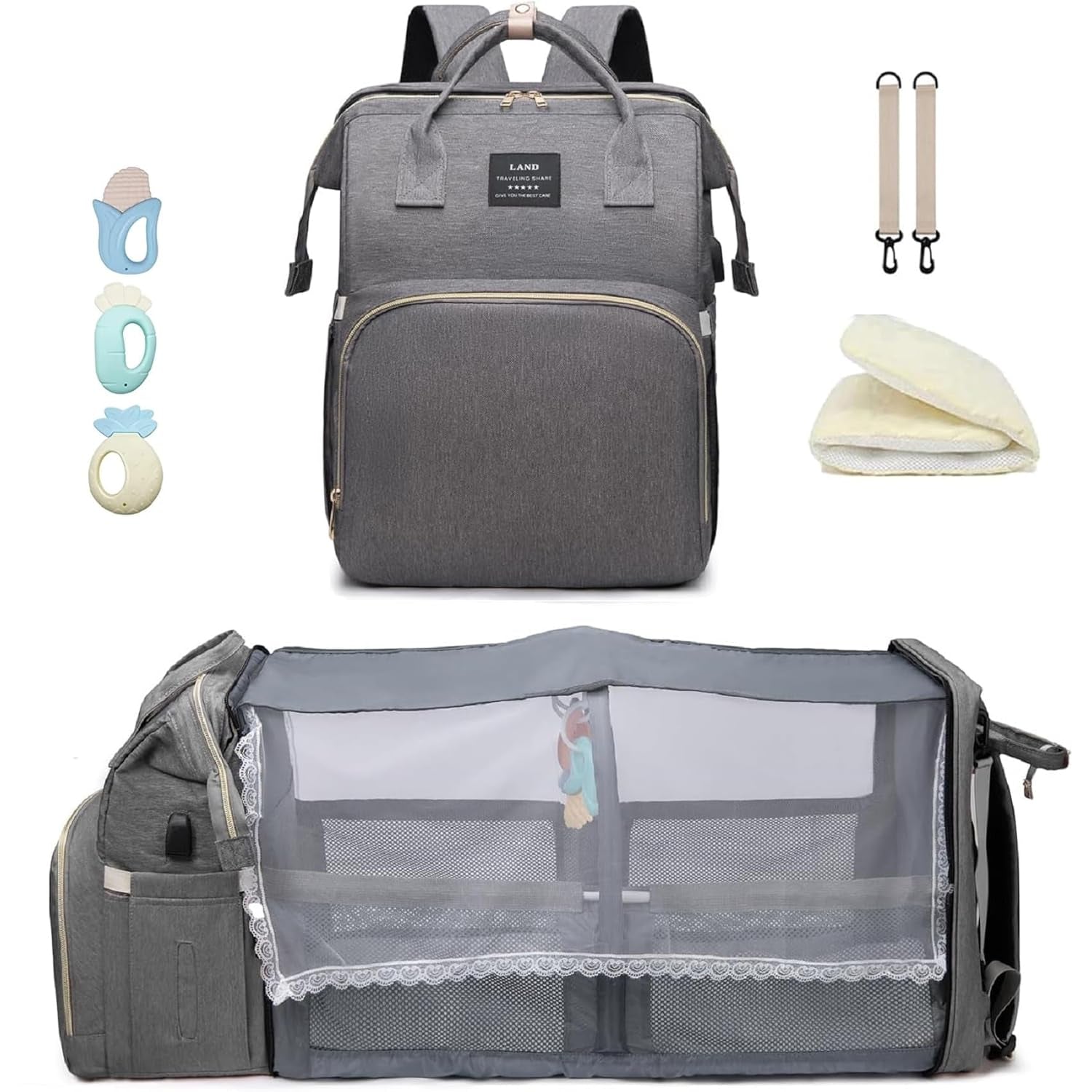 Diaper Bag with Changing Station,Diaper Bag Backpack，7 in 1 Travel Baby Diaper Bag,Mommy Bag with USB Charging Port (Pink-Grey)
