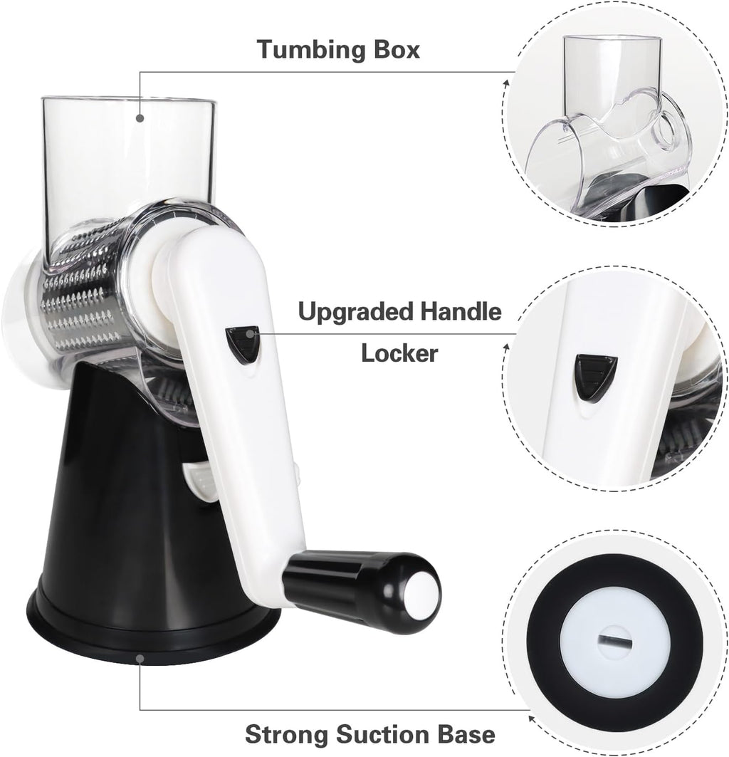 Cambom Rotary Cheese Grater Hand Crank Cheese Shredder for Fresh Cheese, Vegetable, Nuts,Non-Slip Suction Base, Three Blades, Black