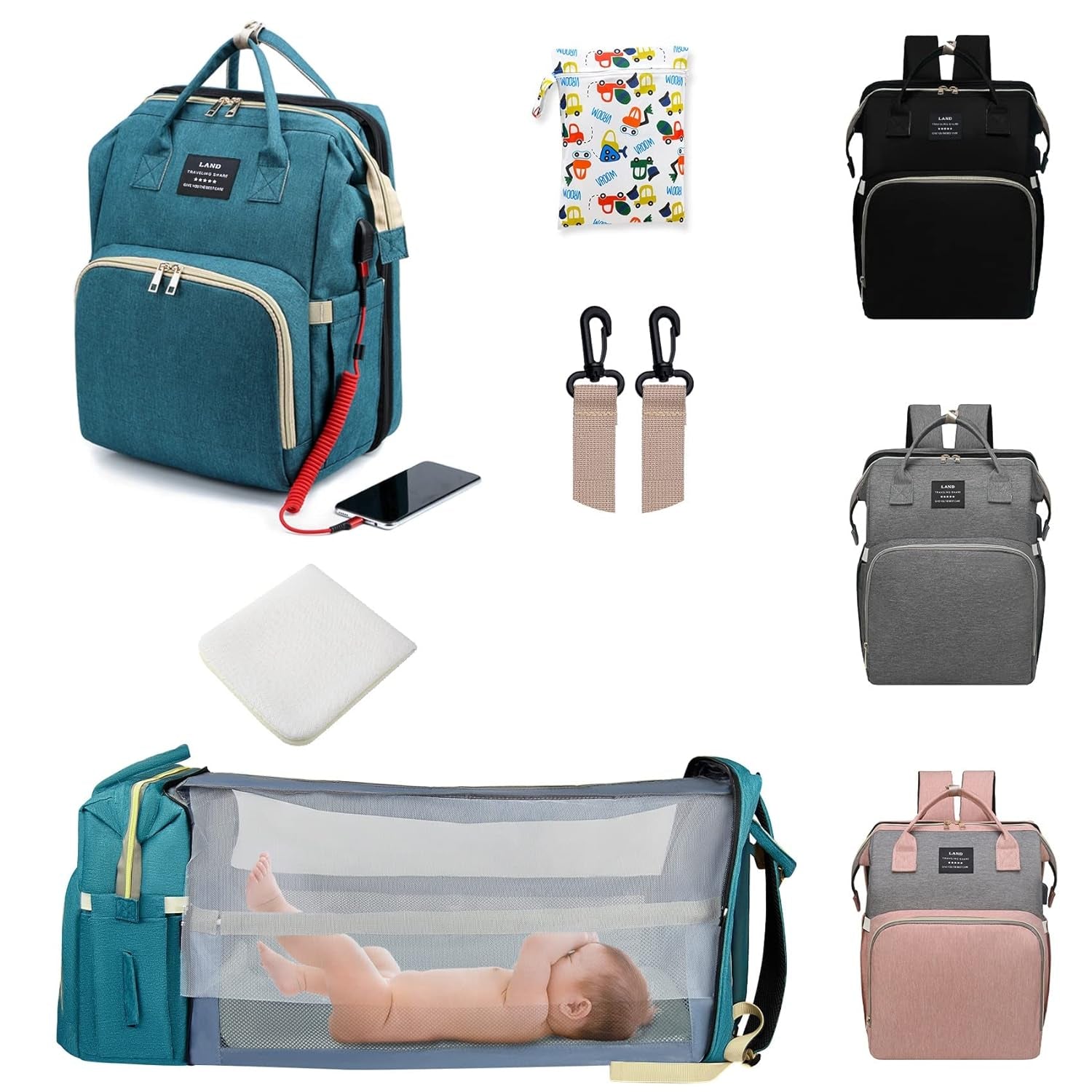 Diaper Bag with Changing Station,Diaper Bag Backpack，7 in 1 Travel Baby Diaper Bag,Mommy Bag with USB Charging Port (Pink-Grey)
