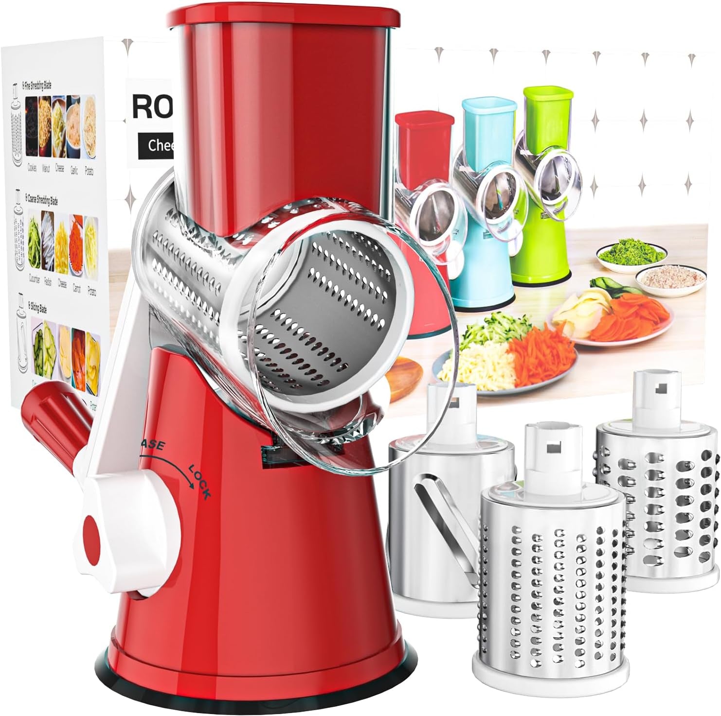 Cambom Rotary Cheese Grater Hand Crank Cheese Shredder for Fresh Cheese, Vegetable, Nuts,Non-Slip Suction Base, Three Blades, Black
