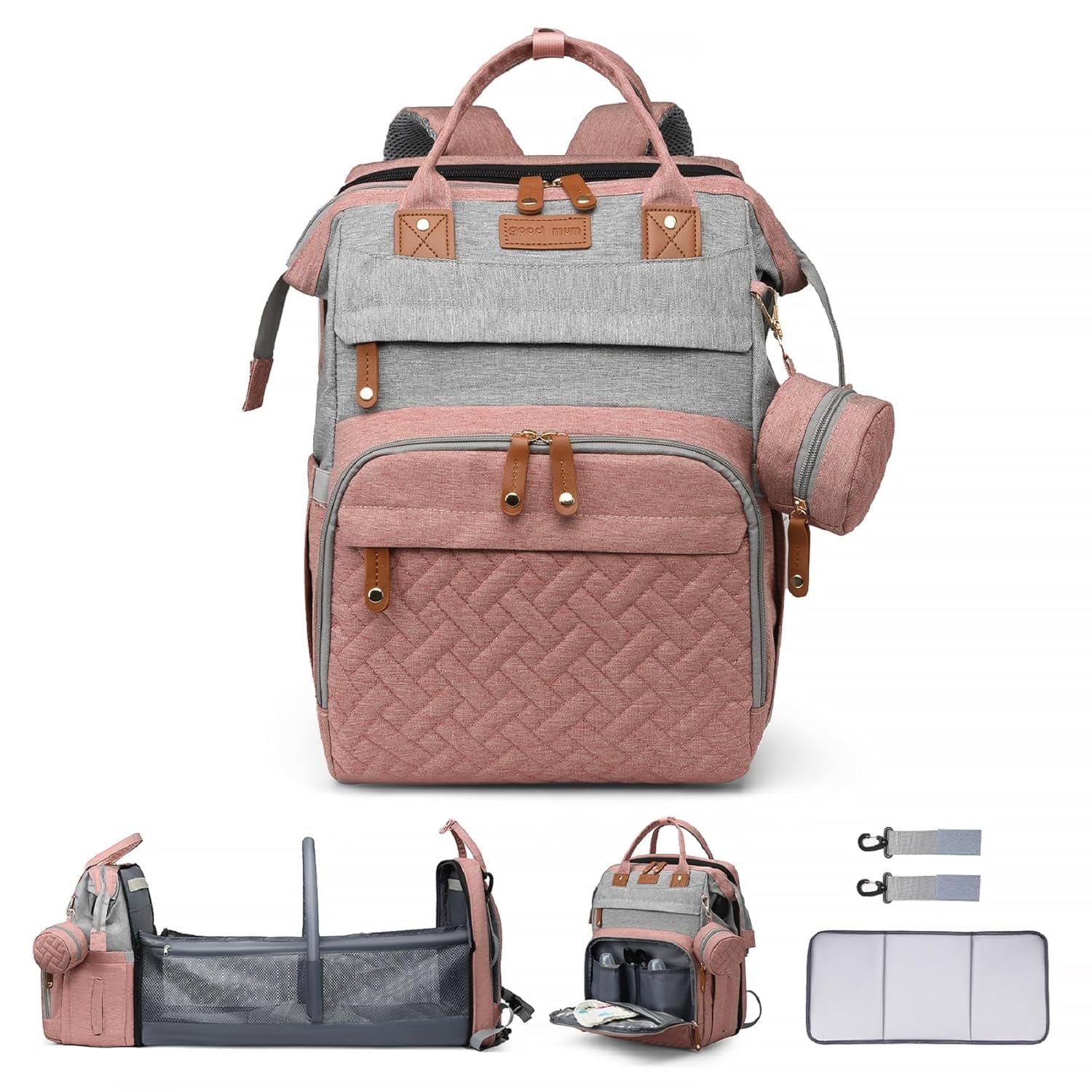 Diaper Bag with Changing Station,Diaper Bag Backpack，7 in 1 Travel Baby Diaper Bag,Mommy Bag with USB Charging Port (Pink-Grey)