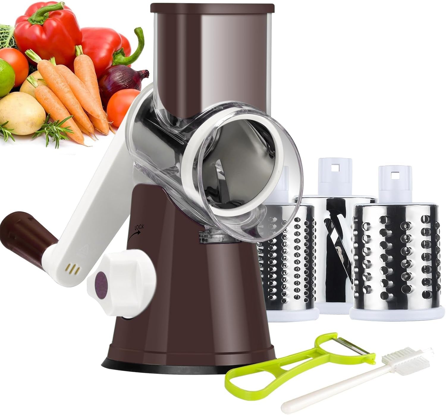 Ourokhome Rotary Cheese Grater Hand Crank, Kitchen Shredder Speed Mandolin Slicer Nut Grinder with Handle and Drum Blades for Cheese, Vegetable, Walnut, Chocolate, Potato, Carrot, 3 Blades, Blue