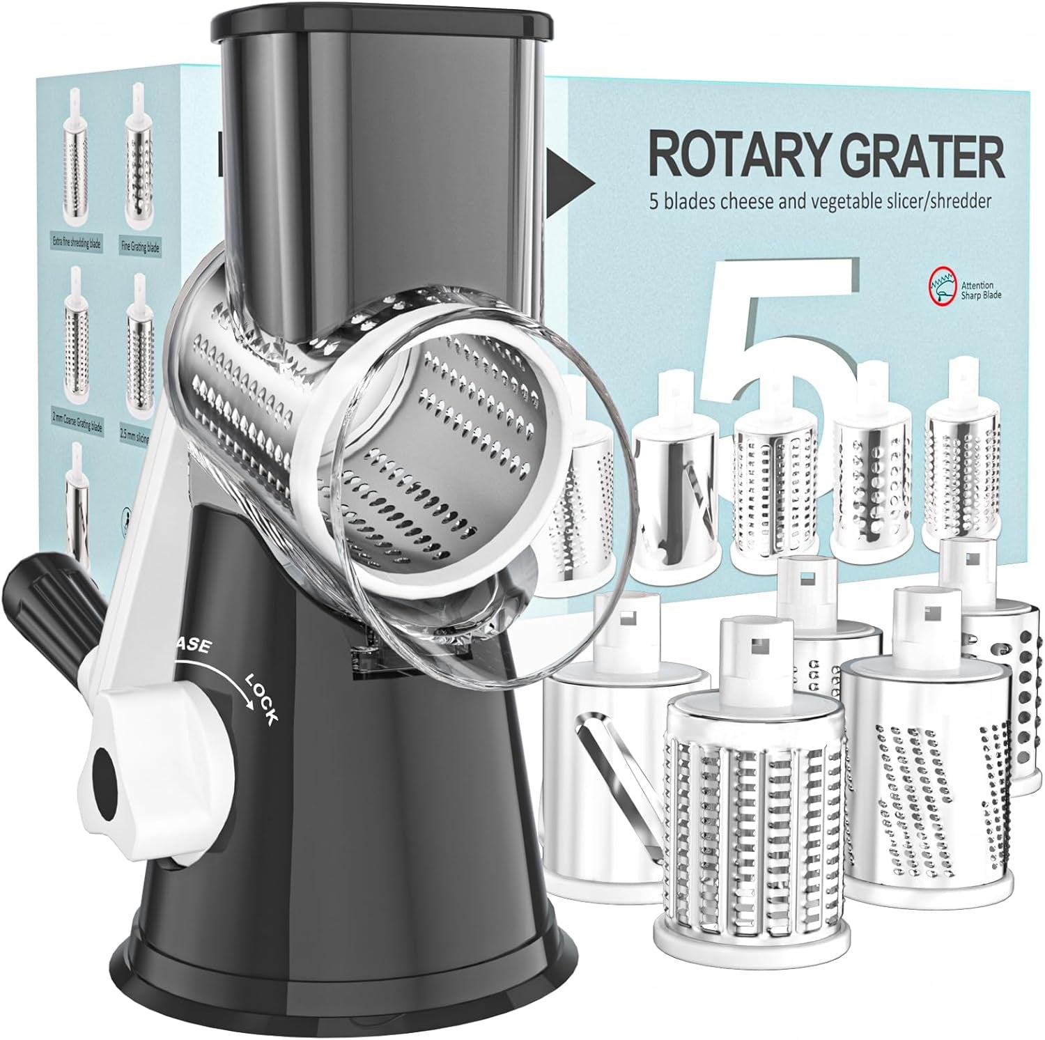 Cambom Rotary Cheese Grater Hand Crank Cheese Shredder for Fresh Cheese, Vegetable, Nuts,Non-Slip Suction Base, Three Blades, Black