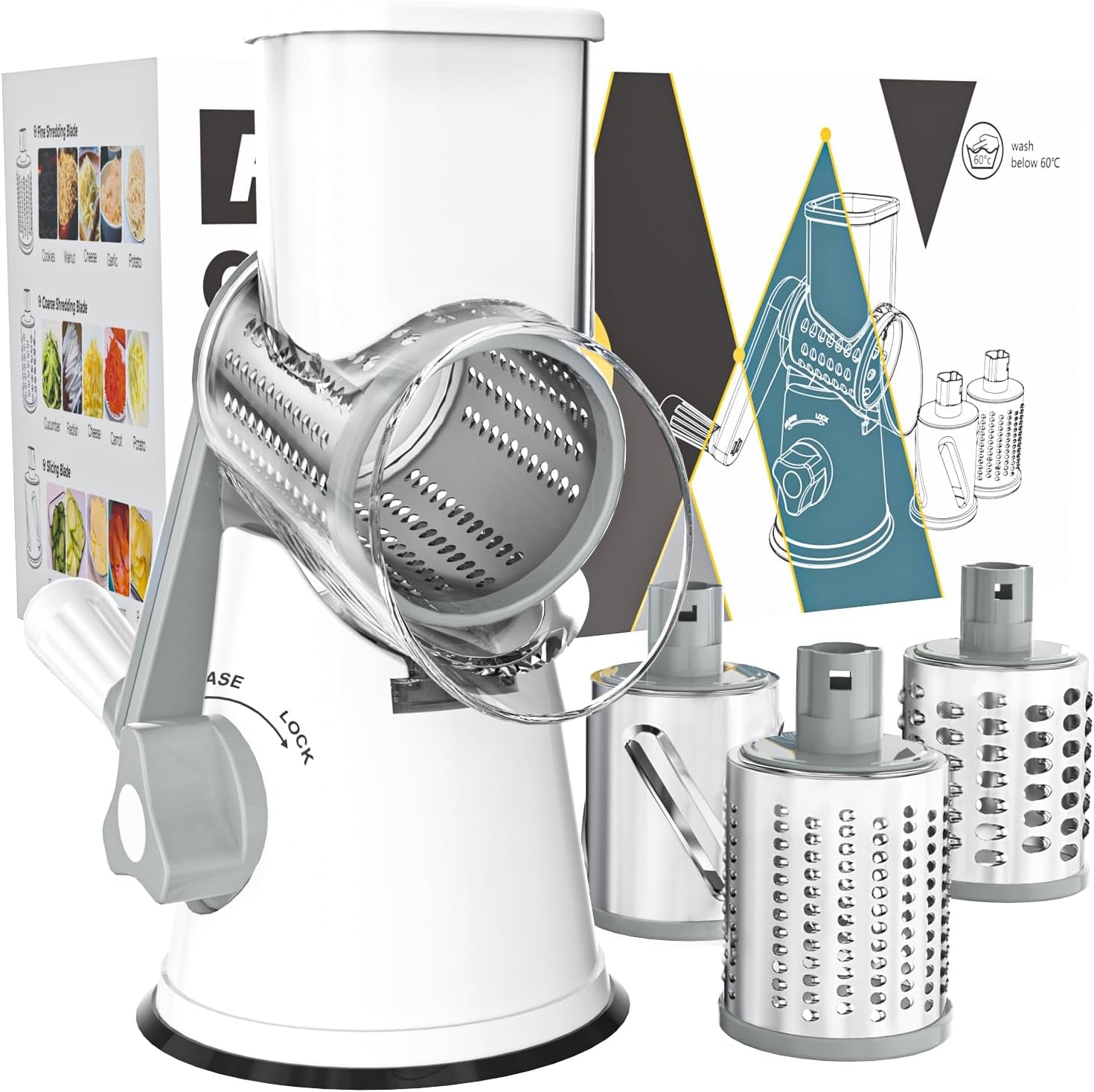 Cambom Rotary Cheese Grater Hand Crank Cheese Shredder for Fresh Cheese, Vegetable, Nuts,Non-Slip Suction Base, Three Blades, Black