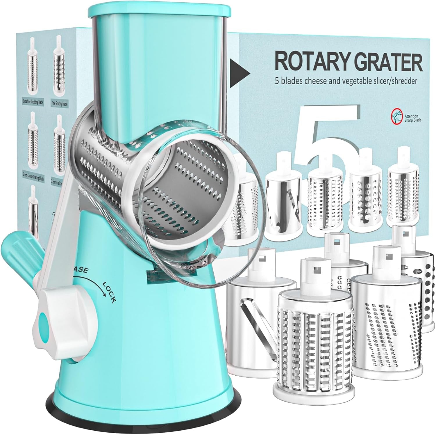 Cambom Rotary Cheese Grater Hand Crank Cheese Shredder for Fresh Cheese, Vegetable, Nuts,Non-Slip Suction Base, Three Blades, Black