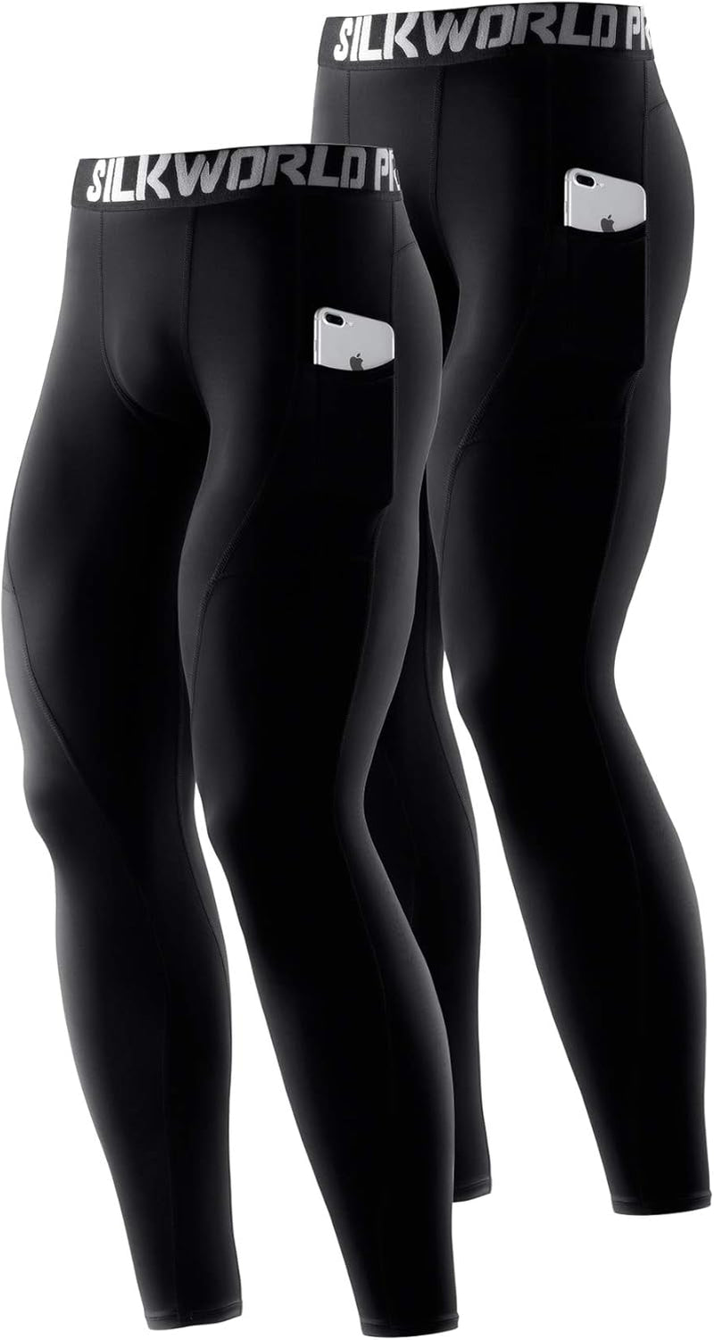 SILKWORLD Men'S 1~3 Pack Compression Pants Pockets Cool Dry Gym Leggings Baselayer Running Tights