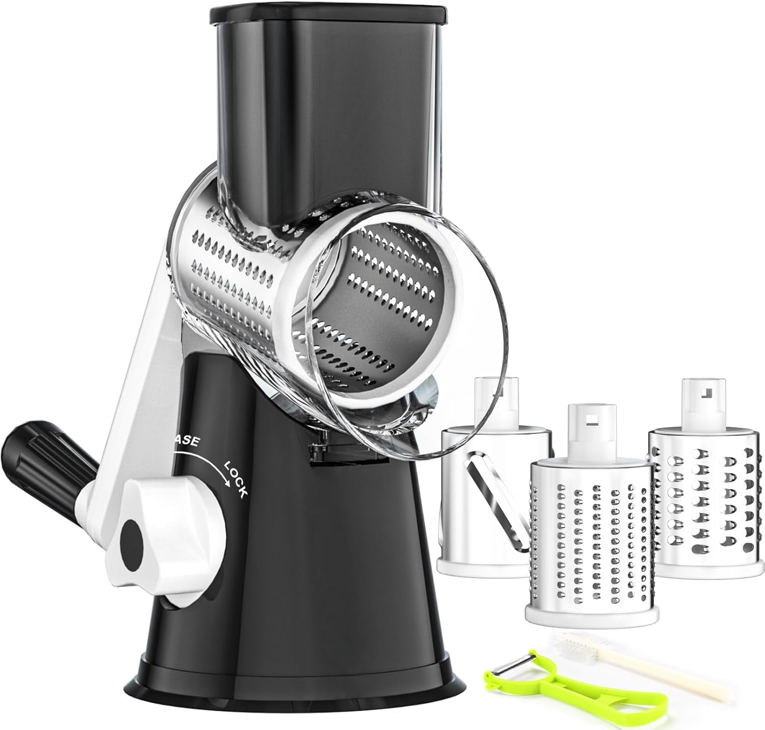 Ourokhome Rotary Cheese Grater Hand Crank, Kitchen Shredder Speed Mandolin Slicer Nut Grinder with Handle and Drum Blades for Cheese, Vegetable, Walnut, Chocolate, Potato, Carrot, 3 Blades, Blue