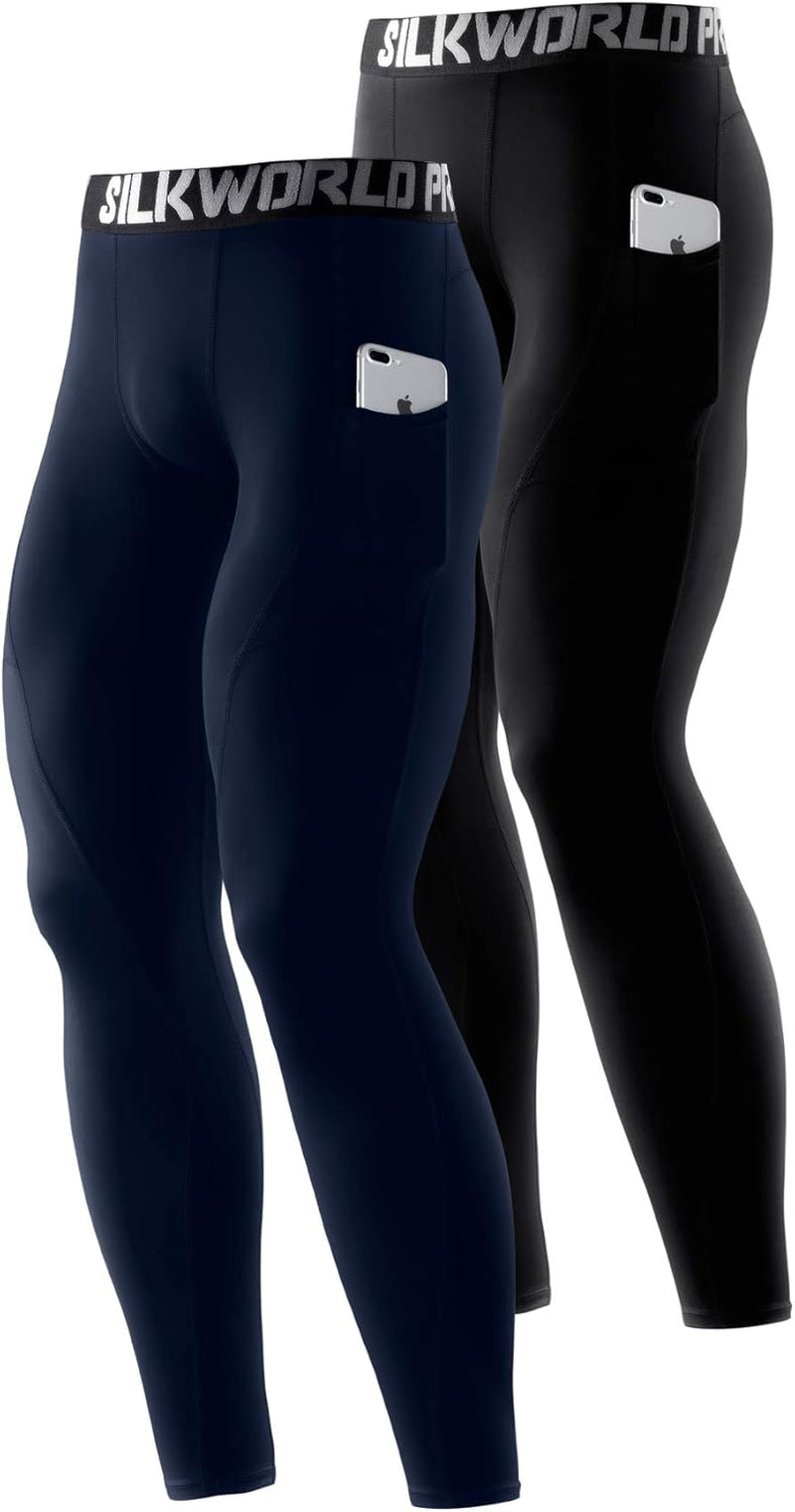 SILKWORLD Men'S 1~3 Pack Compression Pants Pockets Cool Dry Gym Leggings Baselayer Running Tights