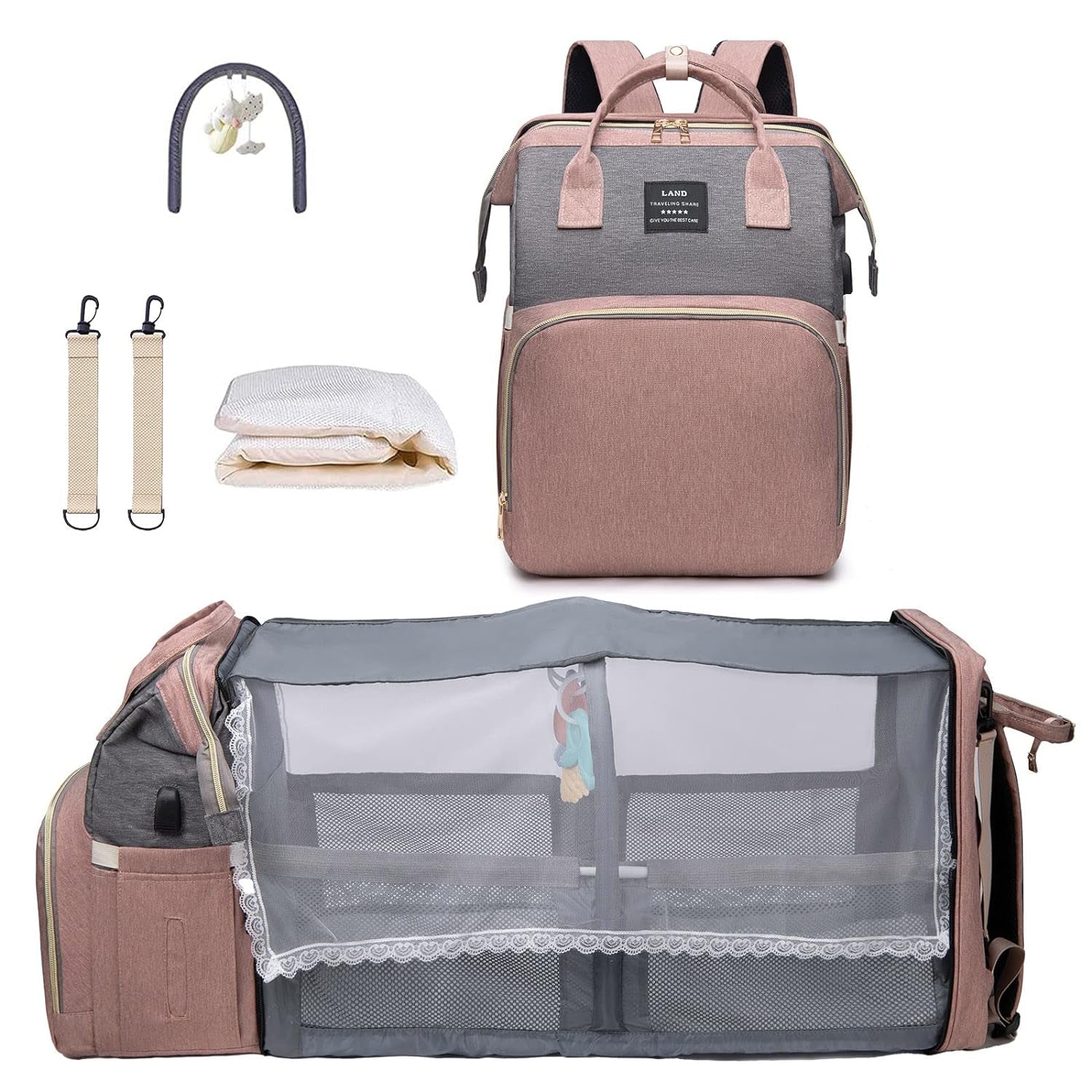 Diaper Bag with Changing Station,Diaper Bag Backpack，7 in 1 Travel Baby Diaper Bag,Mommy Bag with USB Charging Port (Pink-Grey)