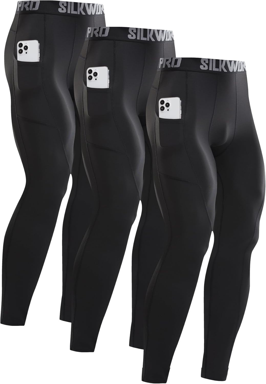SILKWORLD Men'S 1~3 Pack Compression Pants Pockets Cool Dry Gym Leggings Baselayer Running Tights