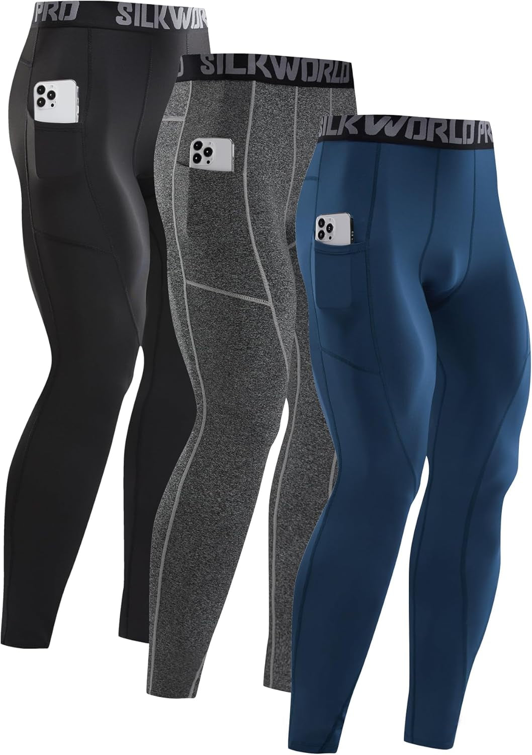 SILKWORLD Men'S 1~3 Pack Compression Pants Pockets Cool Dry Gym Leggings Baselayer Running Tights